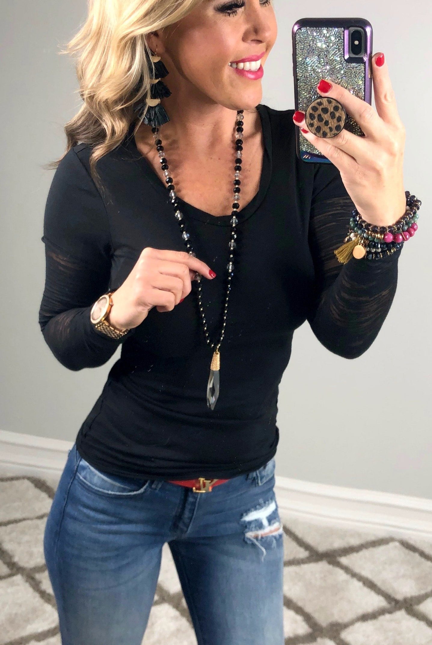 Basic Crew Neck Burnout Sleeves: Black-Top-privityboutique.com-Privity Boutique, Women’s Fashion Boutique in Mesa, Arizona