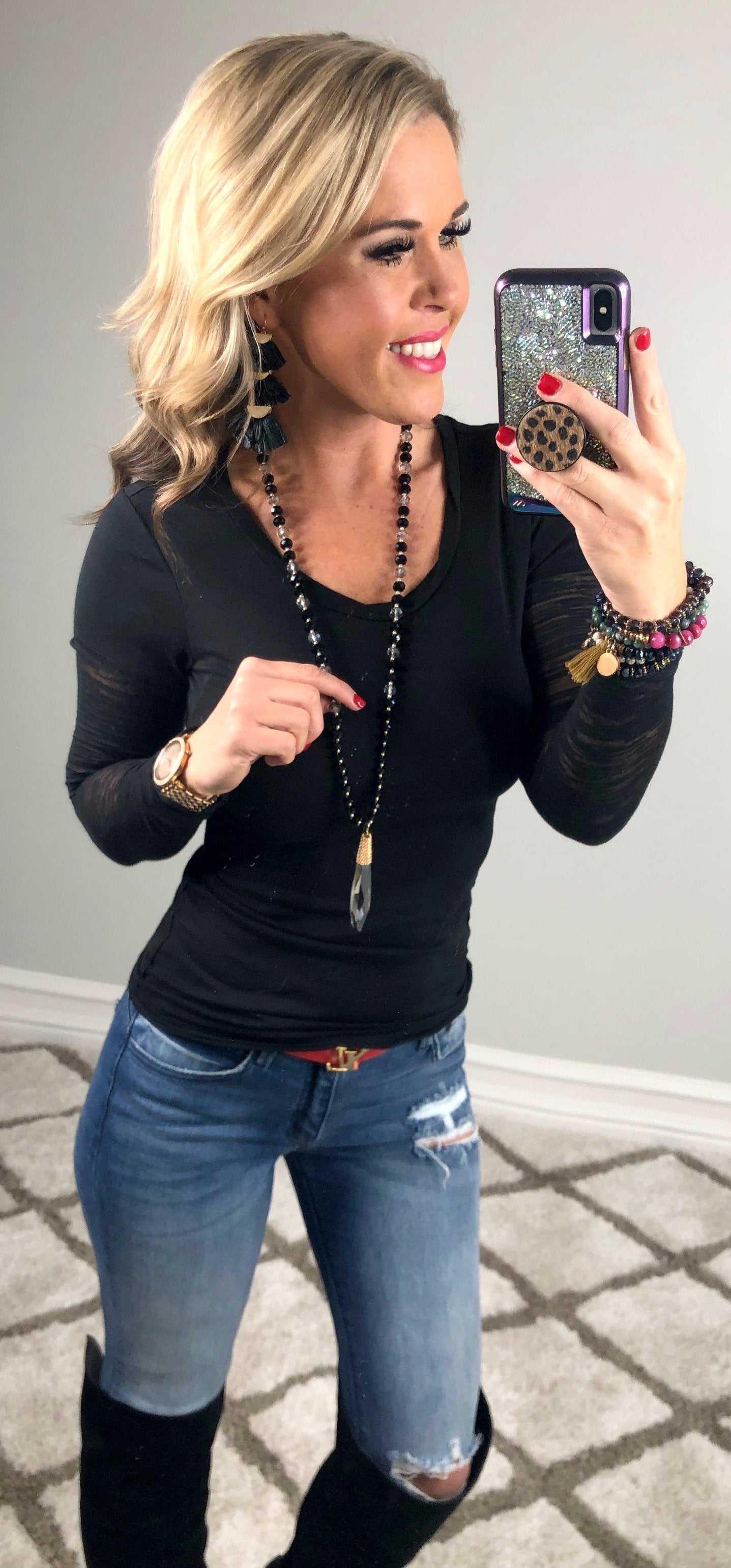 Basic Crew Neck Burnout Sleeves: Black-Top-privityboutique.com-Privity Boutique, Women’s Fashion Boutique in Mesa, Arizona