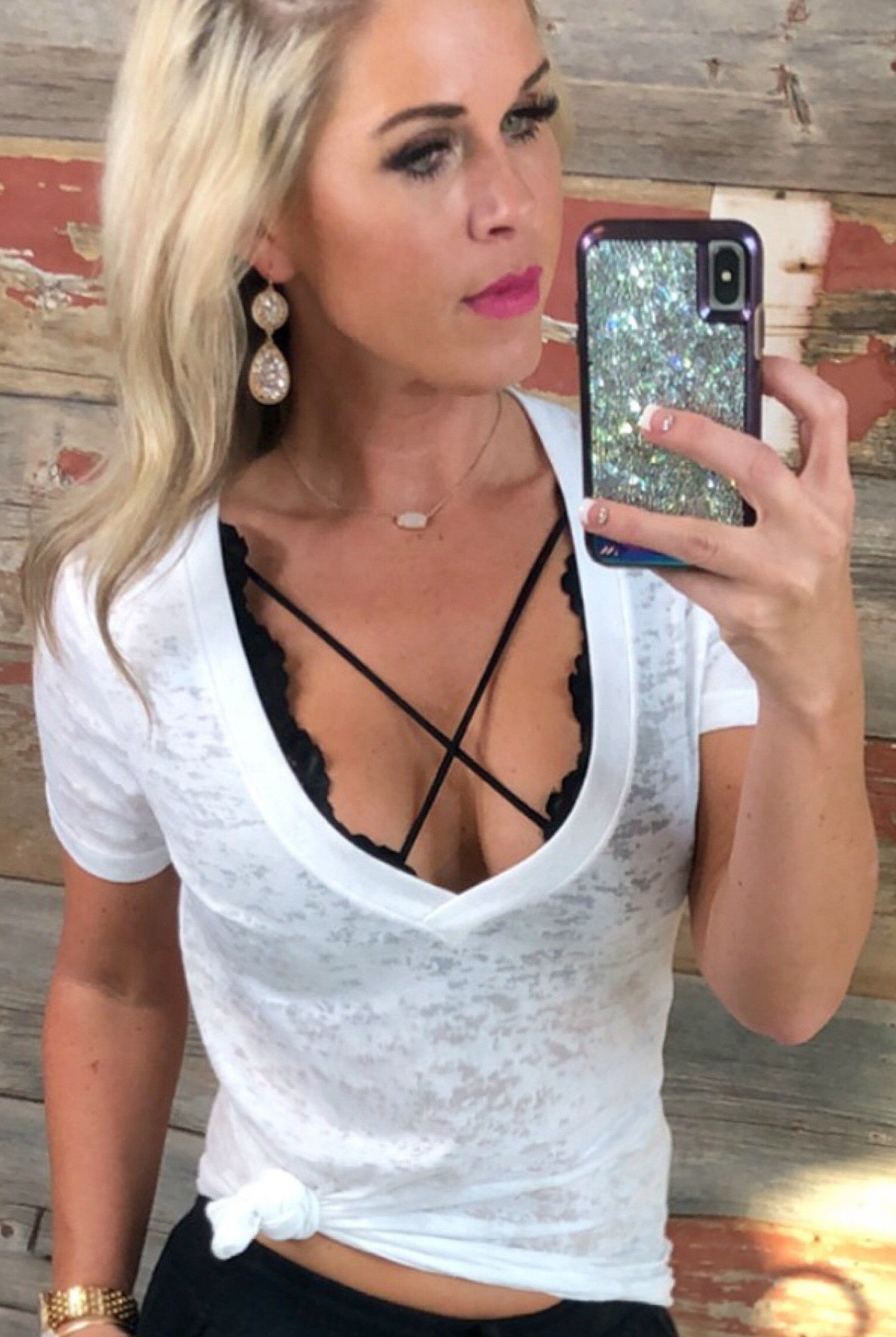 BASIC BURNOUT DEEP V-NECK TEE - WHITE-Top-privityboutique.com-Privity Boutique, Women’s Fashion Boutique in Mesa, Arizona