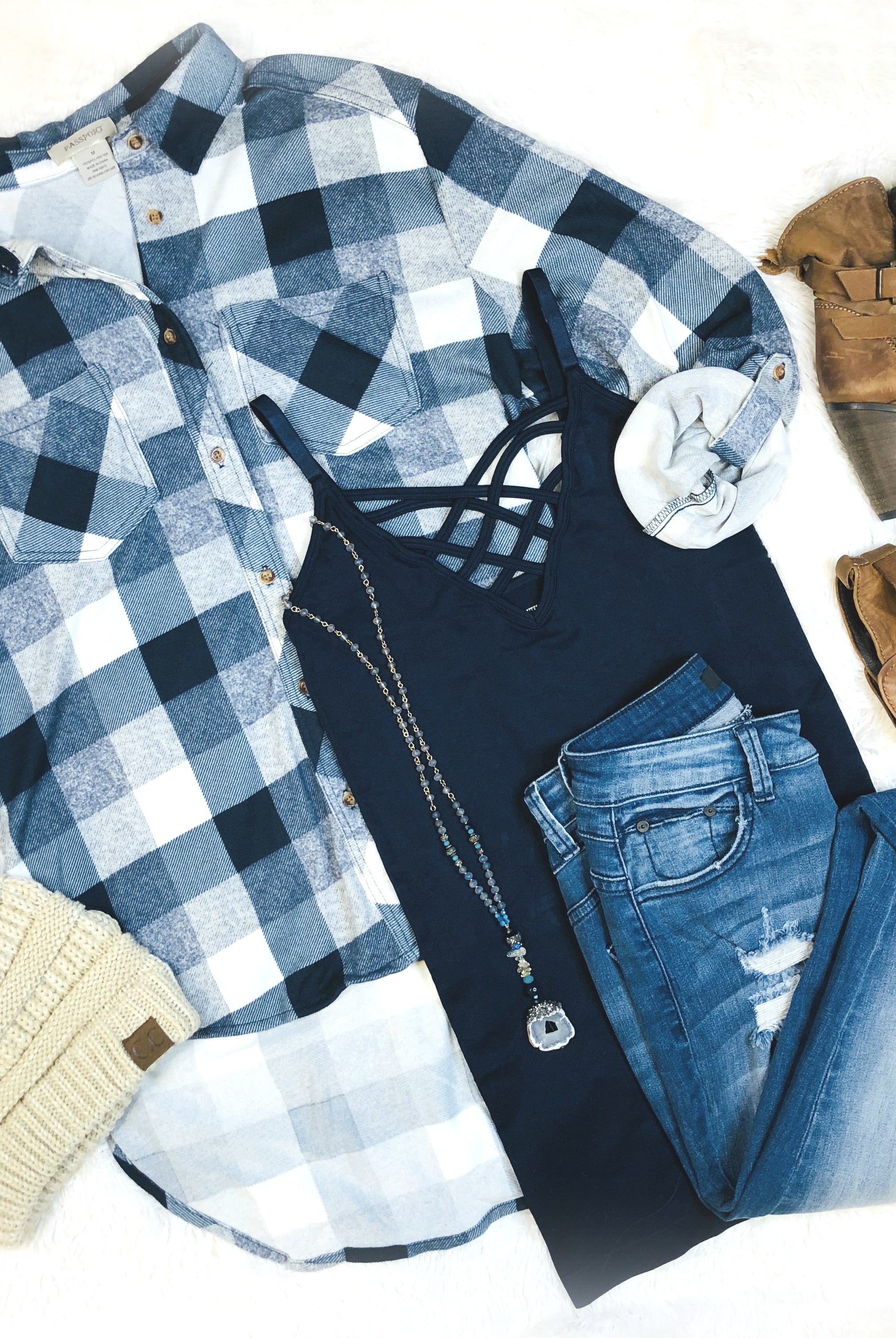 What I like about you Plaid Flannel Top: Navy/Ivory/Blue-flannel-privityboutique-Privity Boutique, Women’s Fashion Boutique in Mesa, Arizona