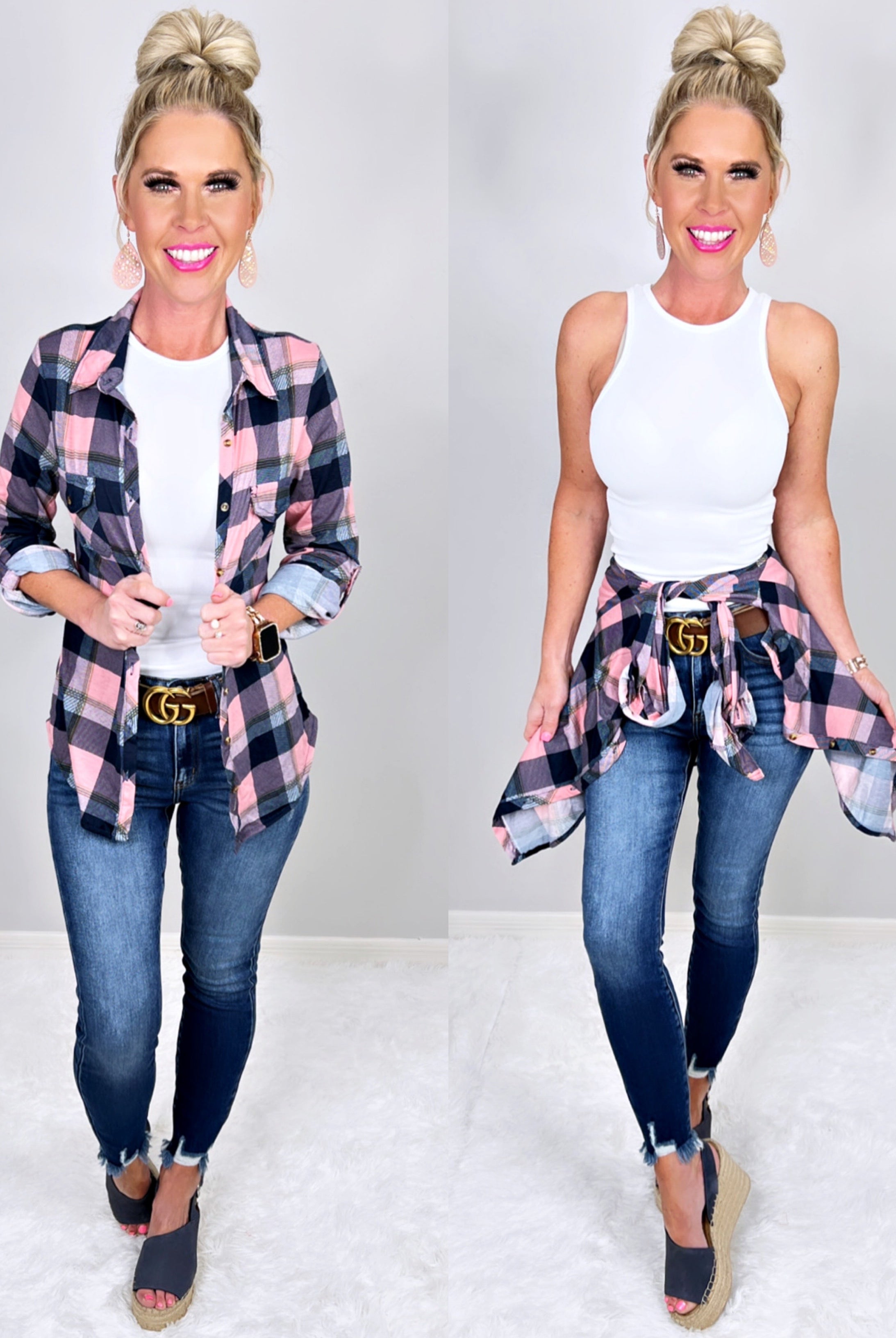 Penny Plaid Flannel Top - Navy/Pink-flannel-privityboutique-Privity Boutique, Women’s Fashion Boutique in Mesa, Arizona