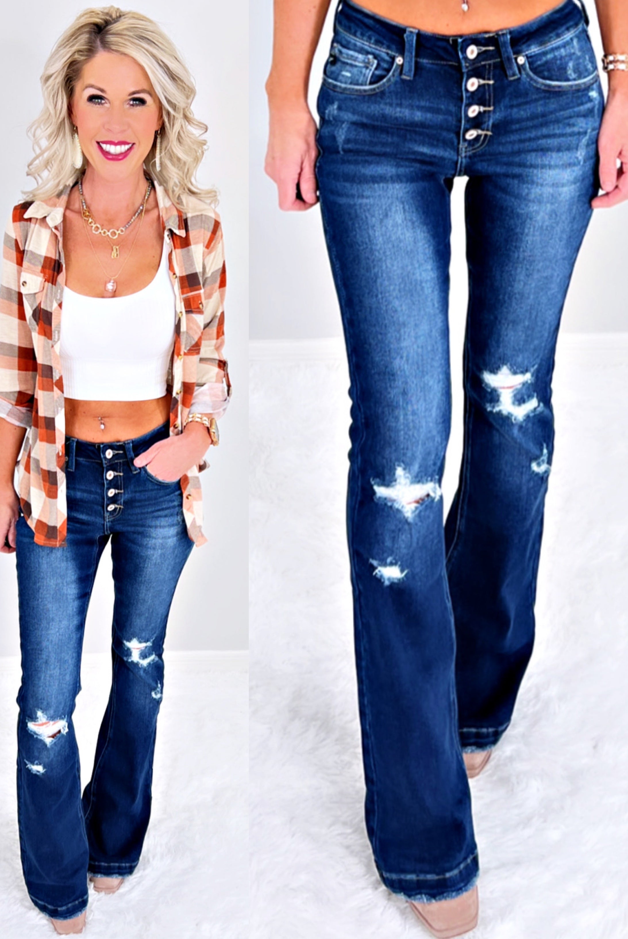 Talia Distressed Button Front Flare Jeans - Dark-jeans-privityboutique-Privity Boutique, Women’s Fashion Boutique in Mesa, Arizona