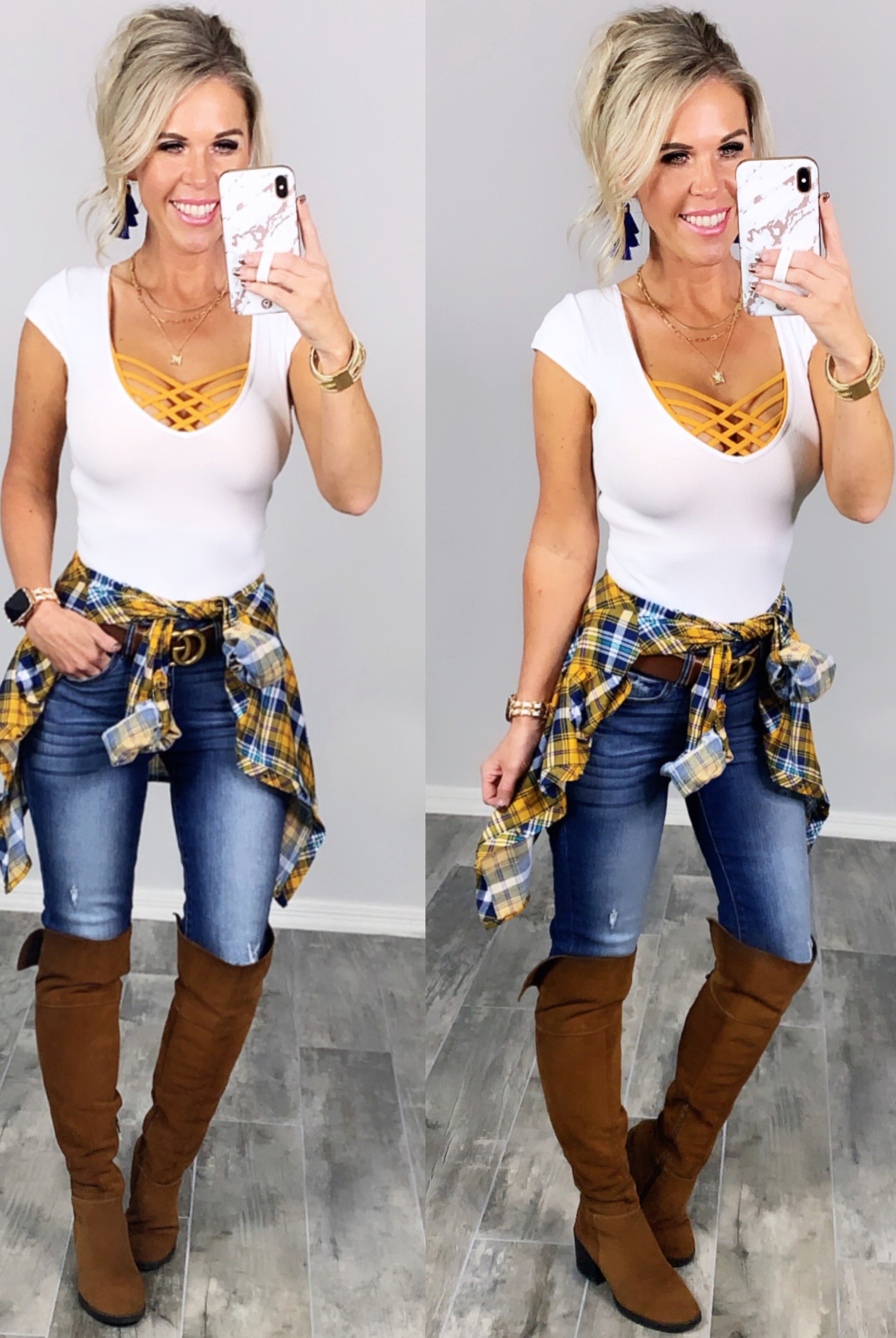 Penny Plaid Flannel Top - Mustard/Navy-flannel-privityboutique-Privity Boutique, Women’s Fashion Boutique in Mesa, Arizona