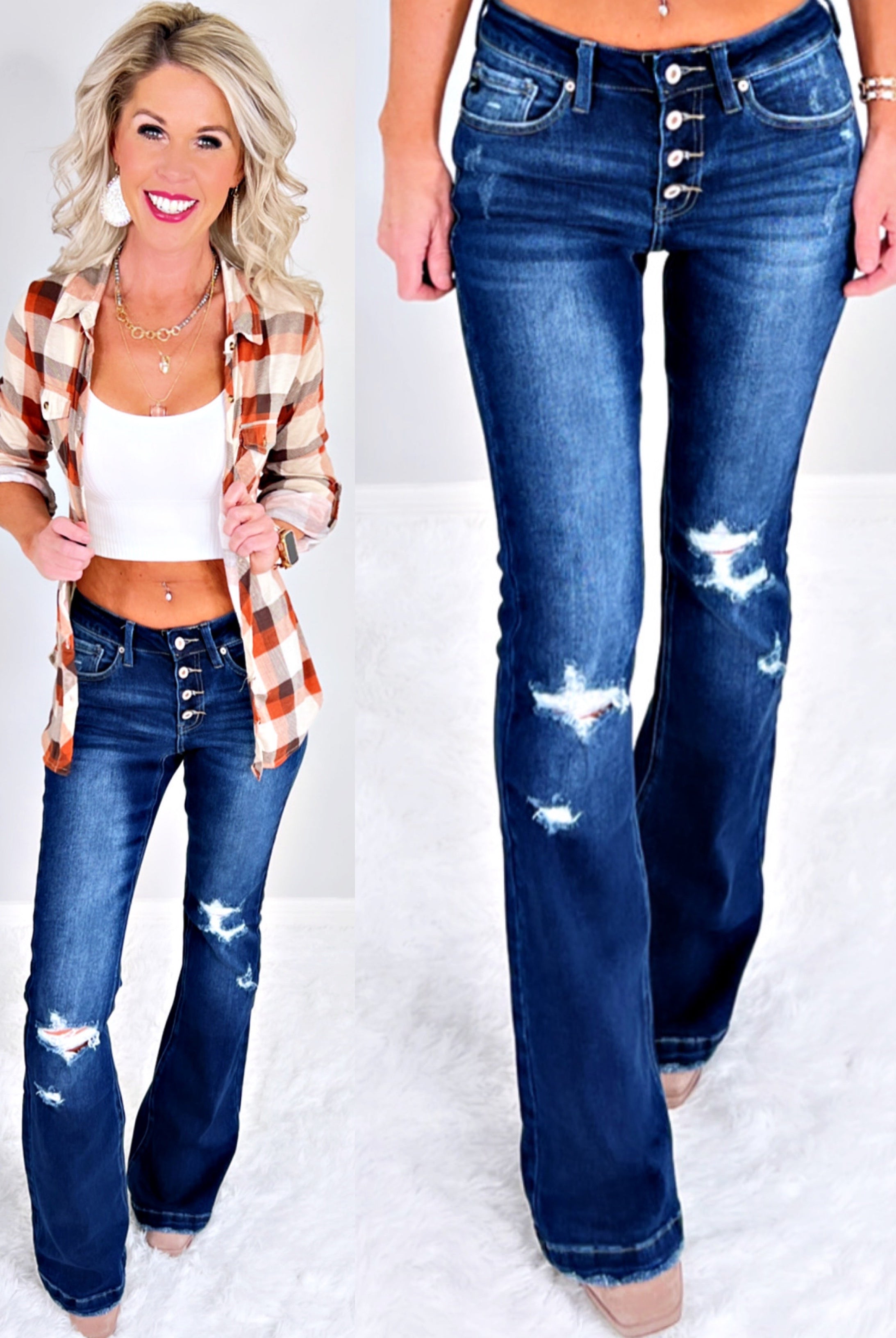 Talia Distressed Button Front Flare Jeans - Dark-jeans-privityboutique-Privity Boutique, Women’s Fashion Boutique in Mesa, Arizona