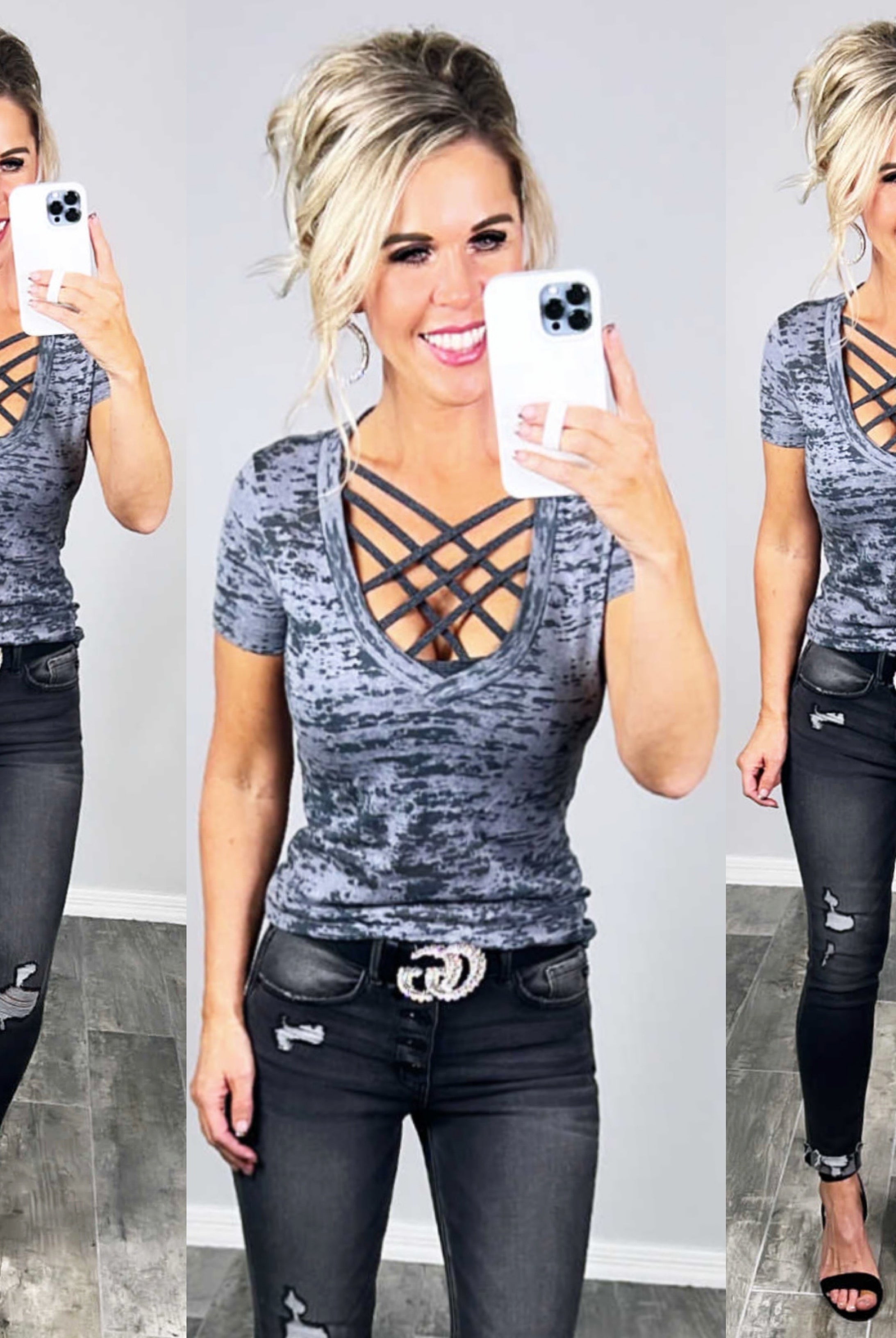 BASIC BURNOUT DEEP V-NECK TEE - GREY-Top-privityboutique.com-Privity Boutique, Women’s Fashion Boutique in Mesa, Arizona