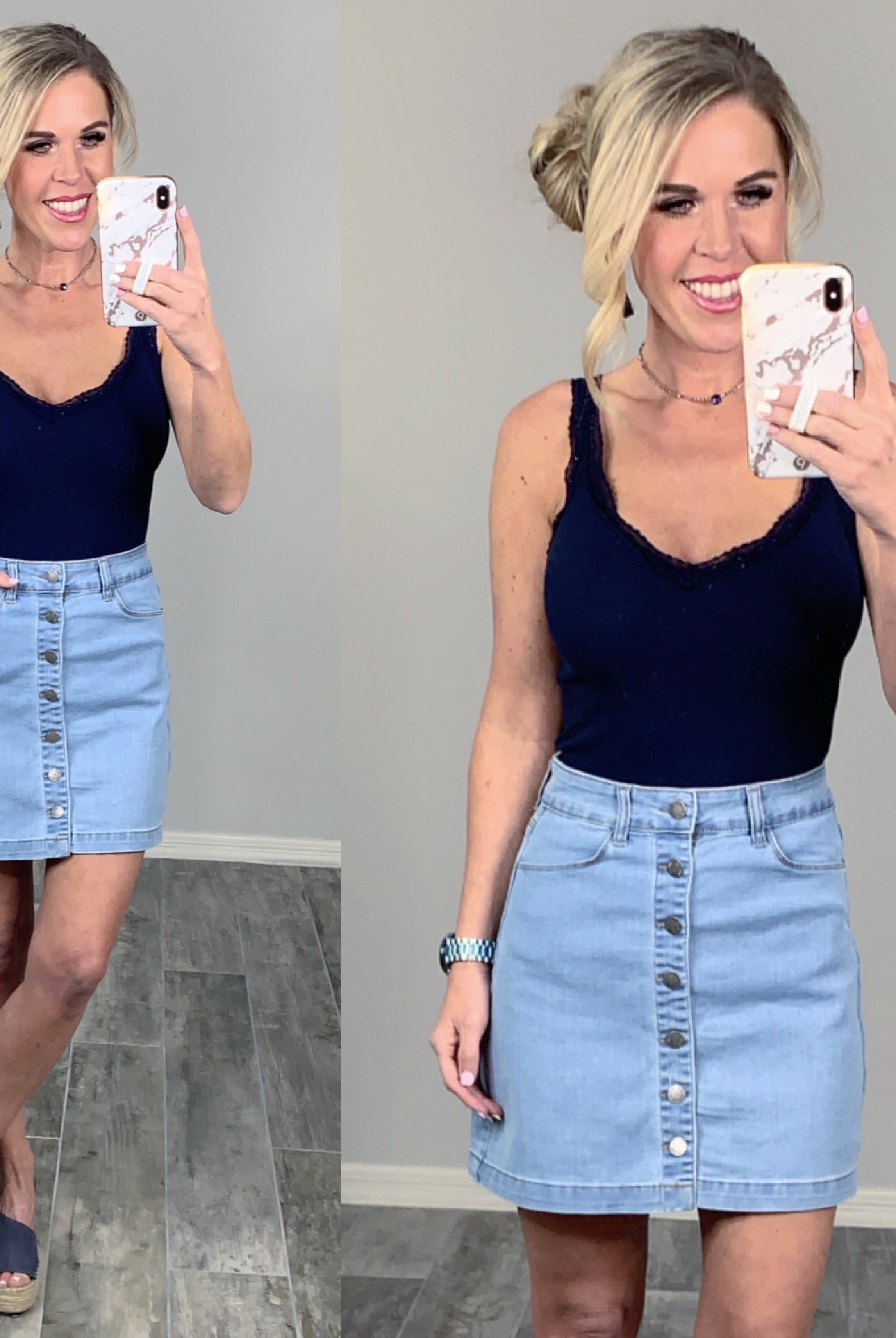 Exposed Button Denim Skirt-Skirt-privityboutique.com-Privity Boutique, Women’s Fashion Boutique in Mesa, Arizona