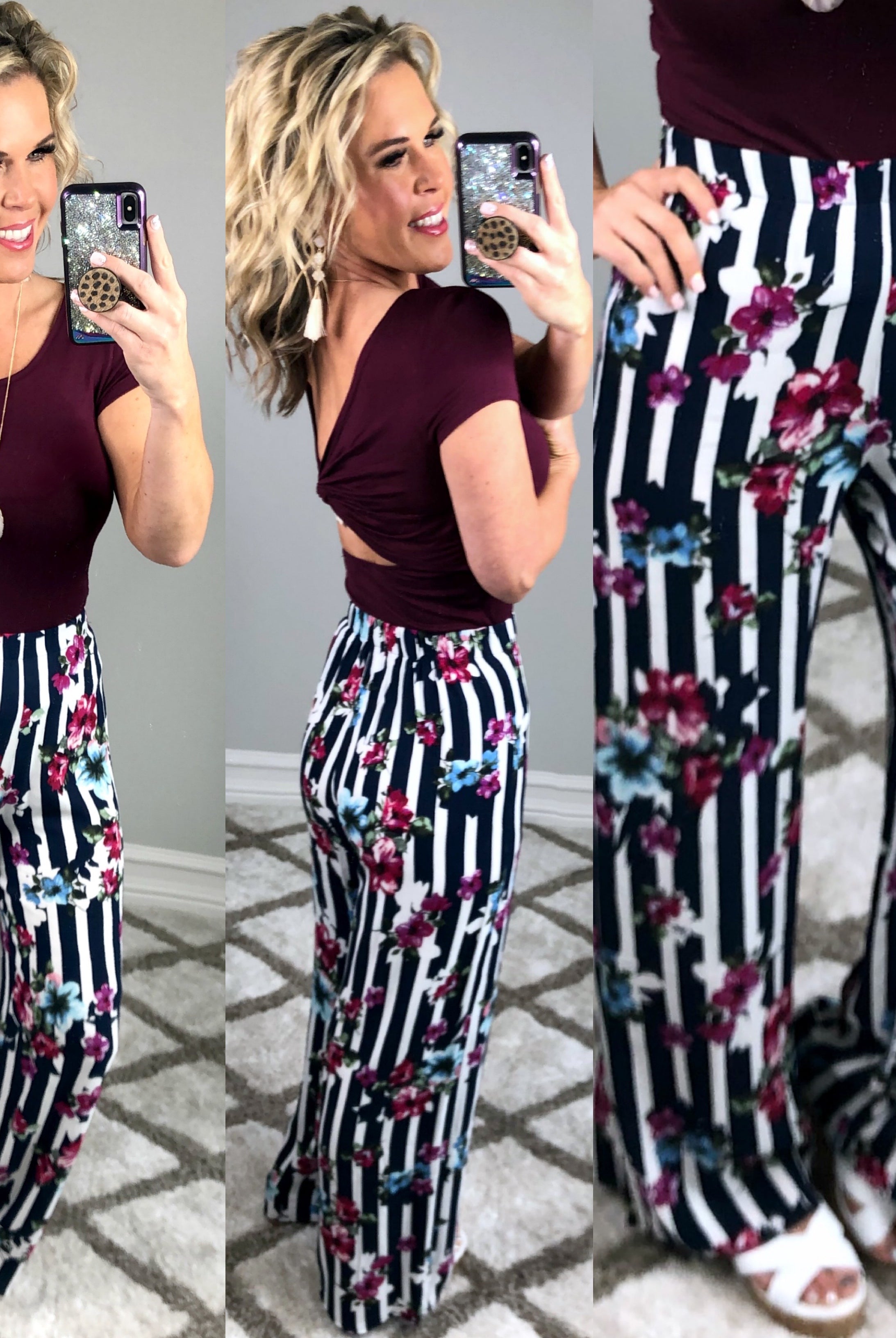 Striped with Floral Pants - Navy-palazzo-privityboutique.com-Privity Boutique, Women’s Fashion Boutique in Mesa, Arizona