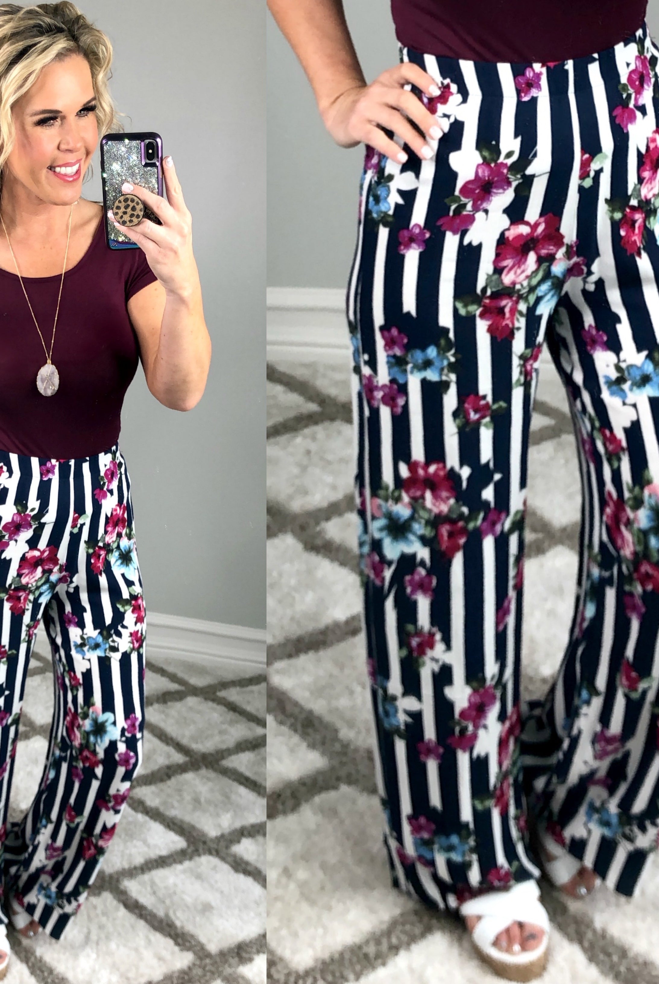 Striped with Floral Pants - Navy-palazzo-privityboutique.com-Privity Boutique, Women’s Fashion Boutique in Mesa, Arizona