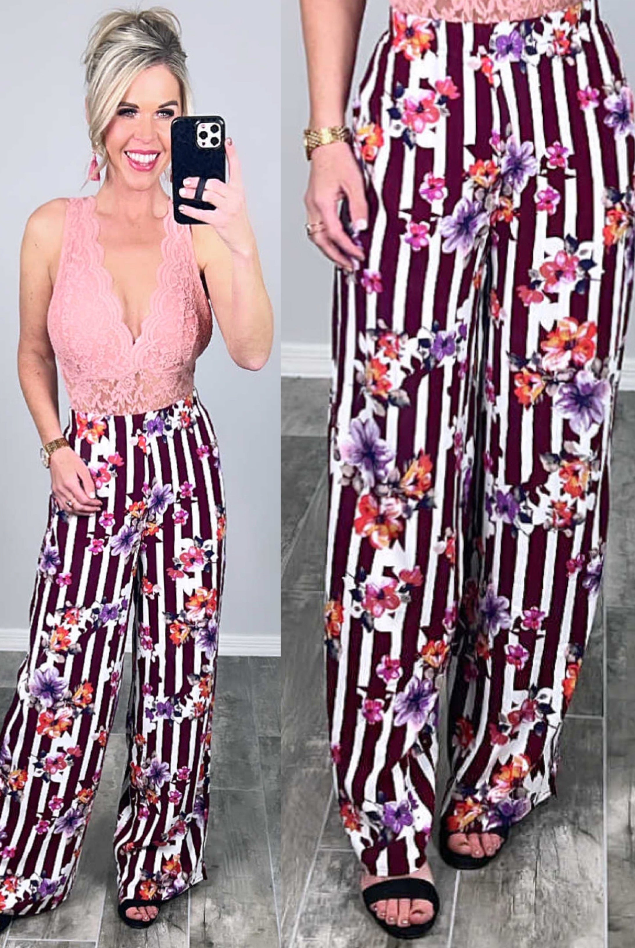 Striped with Floral Pants - Burgundy-palazzo-privityboutique.com-Privity Boutique, Women’s Fashion Boutique in Mesa, Arizona