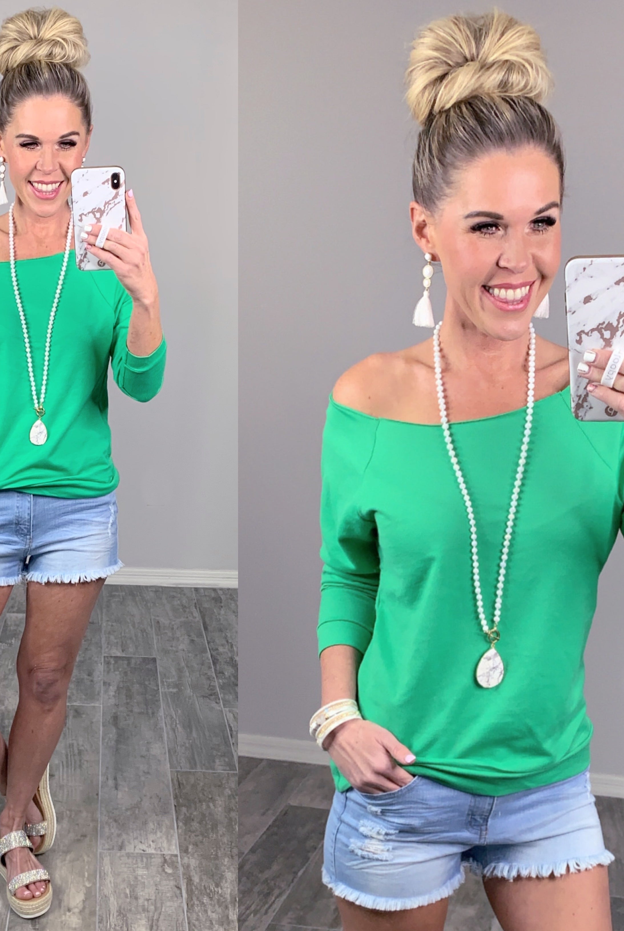 Raw Hem Off The Shoulder - Green-Top-privityboutique.com-Privity Boutique, Women’s Fashion Boutique in Mesa, Arizona