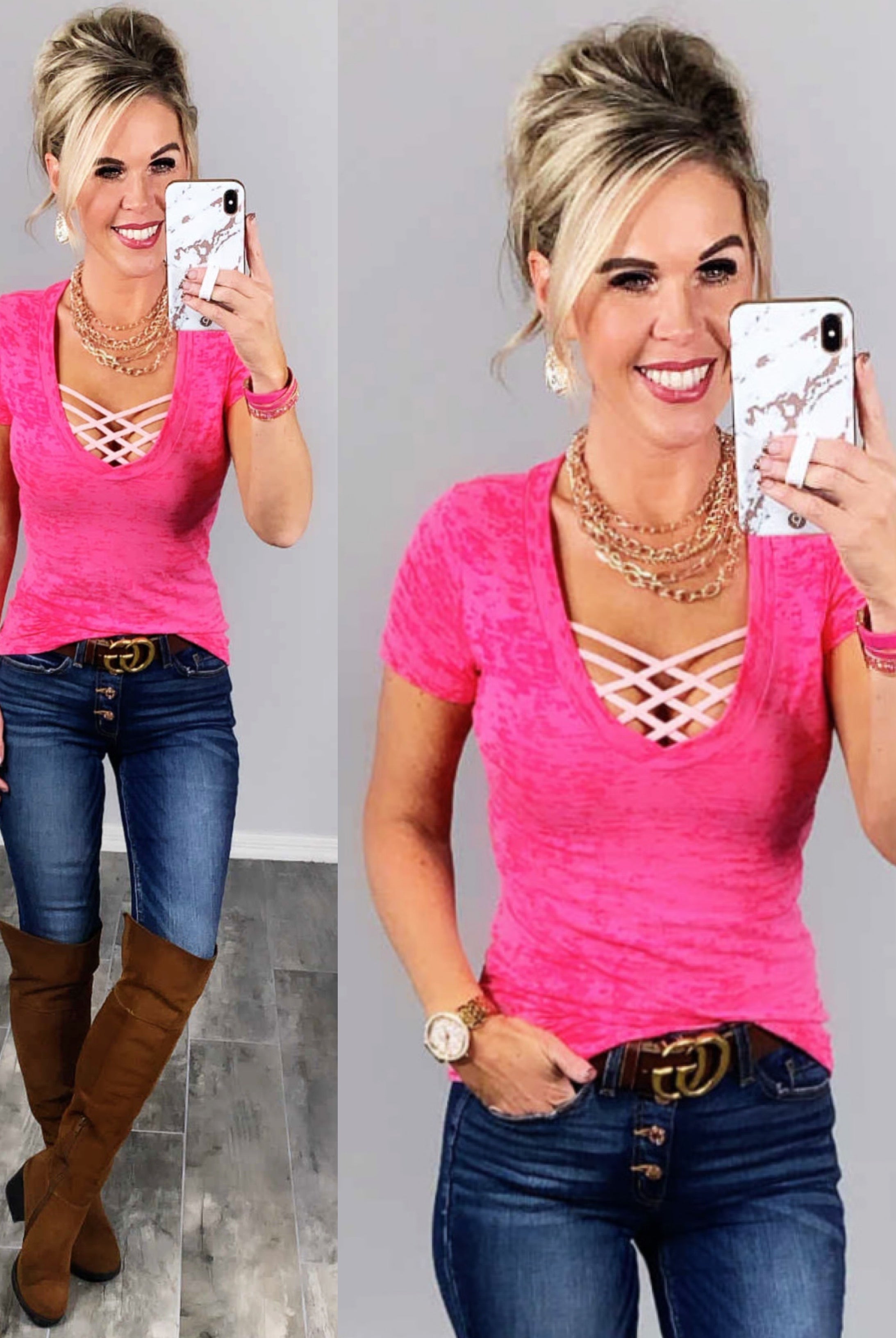 BASIC BURNOUT DEEP V-NECK TEE - FUSCHIA-Top-privityboutique.com-Privity Boutique, Women’s Fashion Boutique in Mesa, Arizona