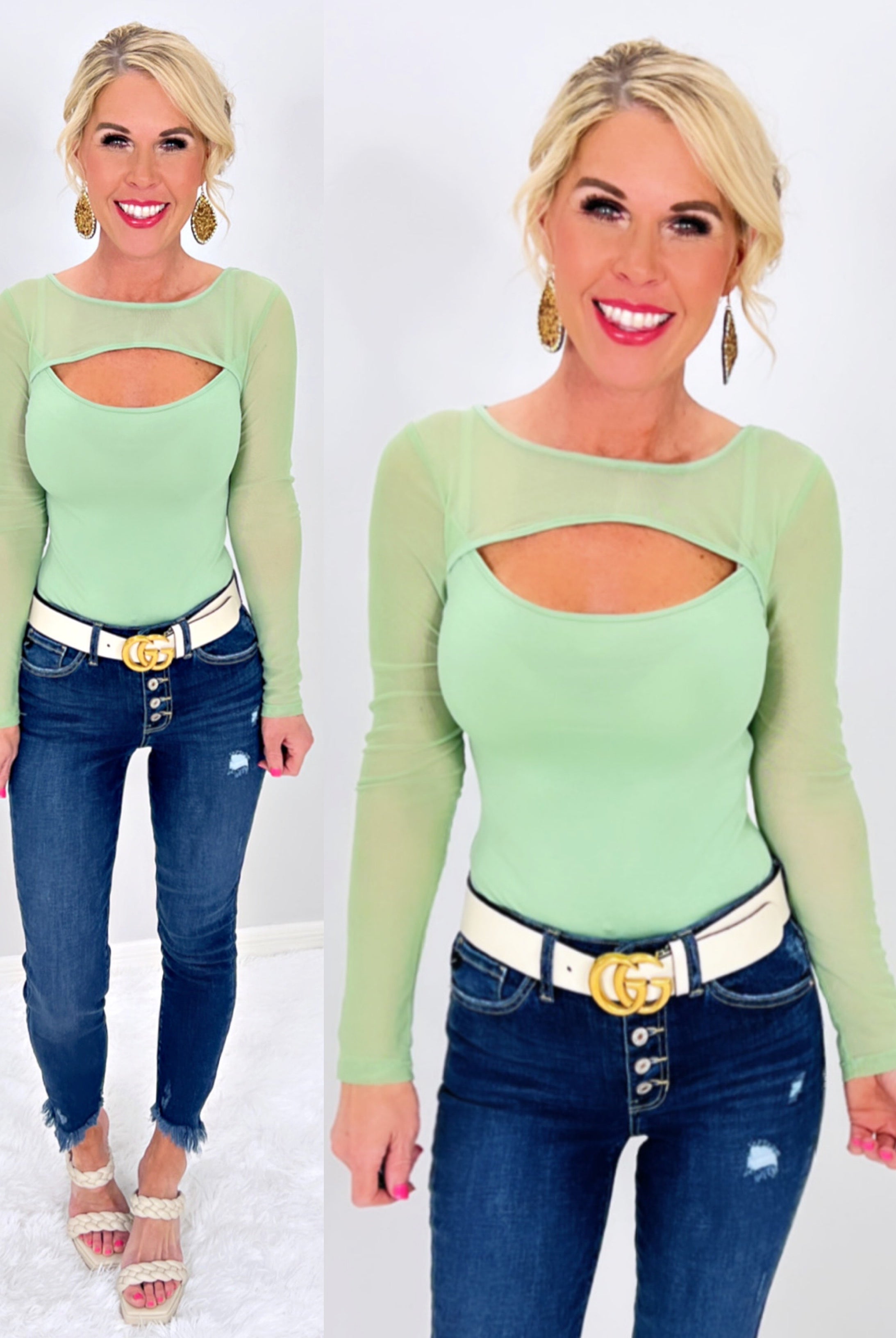 Make It In Mesh Long Sleeve Bodysuit - Sage-Top-privityboutique.com-Privity Boutique, Women’s Fashion Boutique in Mesa, Arizona