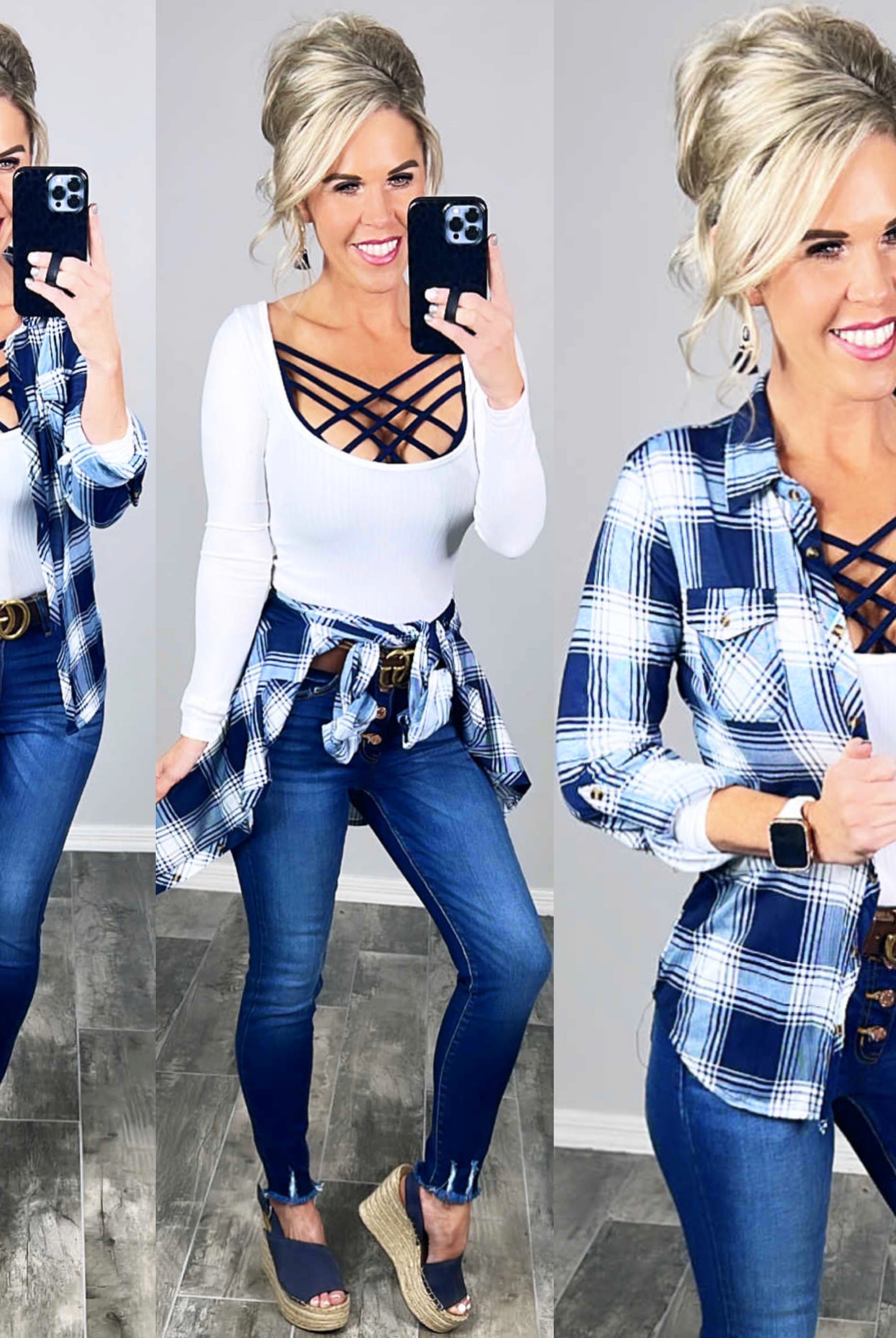 Penny Plaid Flannel Top - Navy/White-Top-privityboutique-Privity Boutique, Women’s Fashion Boutique in Mesa, Arizona