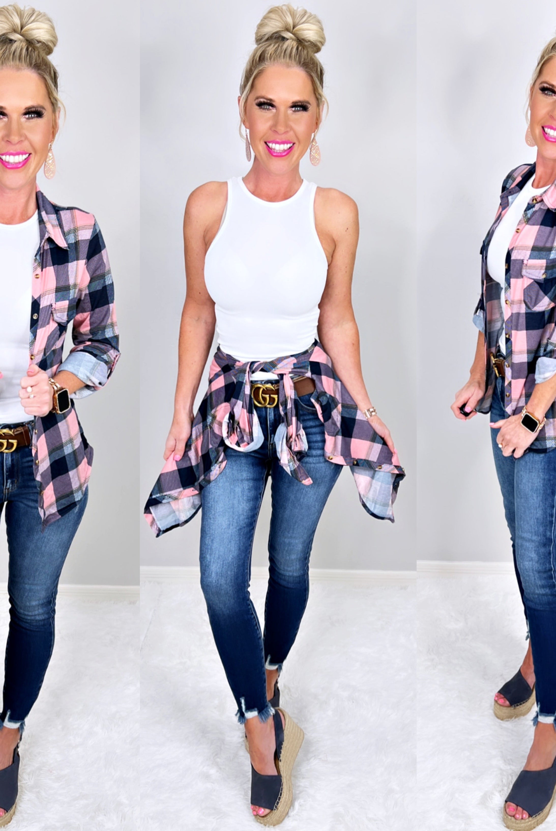 Penny Plaid Flannel Top - Navy/Pink-flannel-privityboutique-Privity Boutique, Women’s Fashion Boutique in Mesa, Arizona