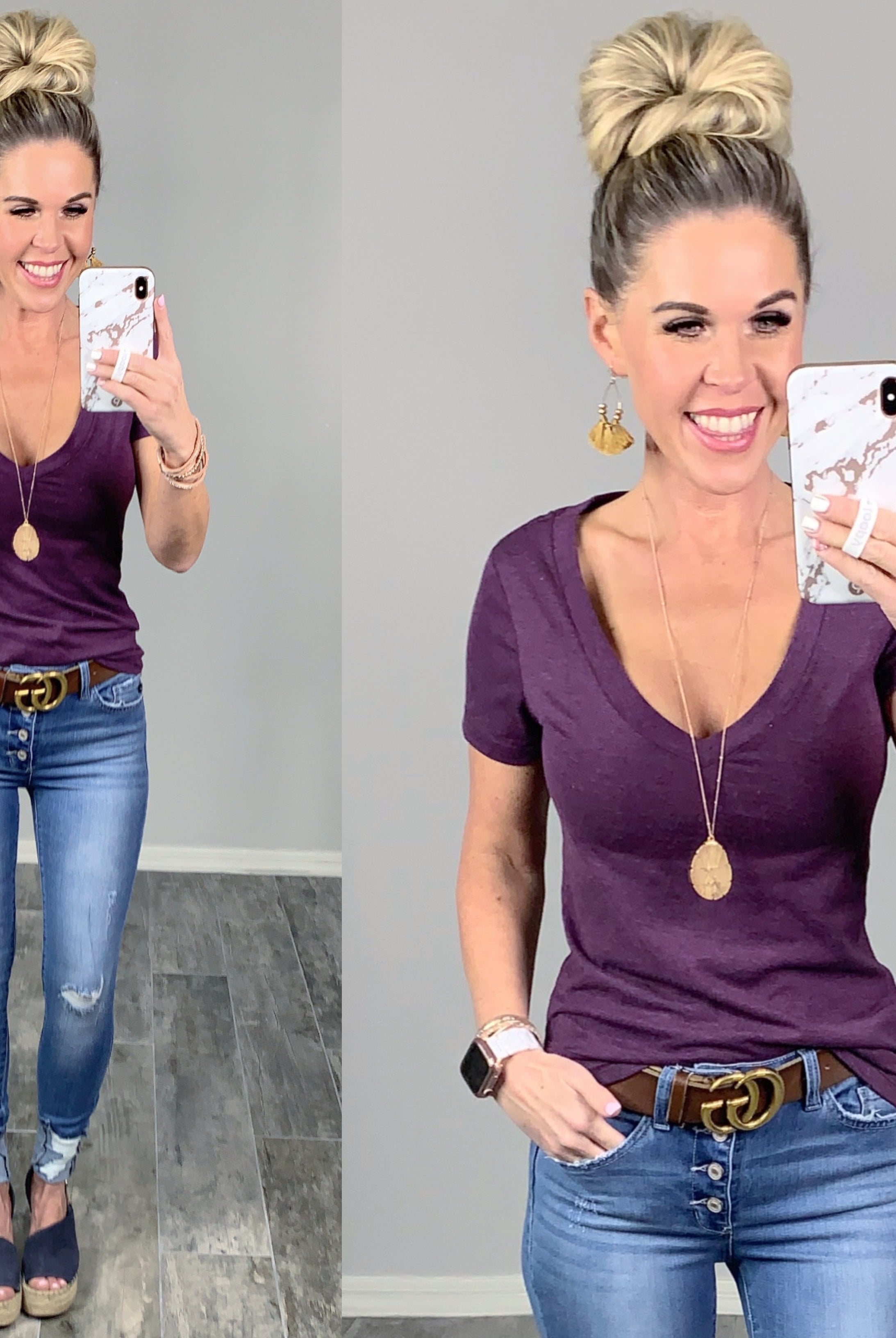 BASIC SHORT SLEEVE DEEP V TEE - PLUM-Top-privityboutique.com-Privity Boutique, Women’s Fashion Boutique in Mesa, Arizona