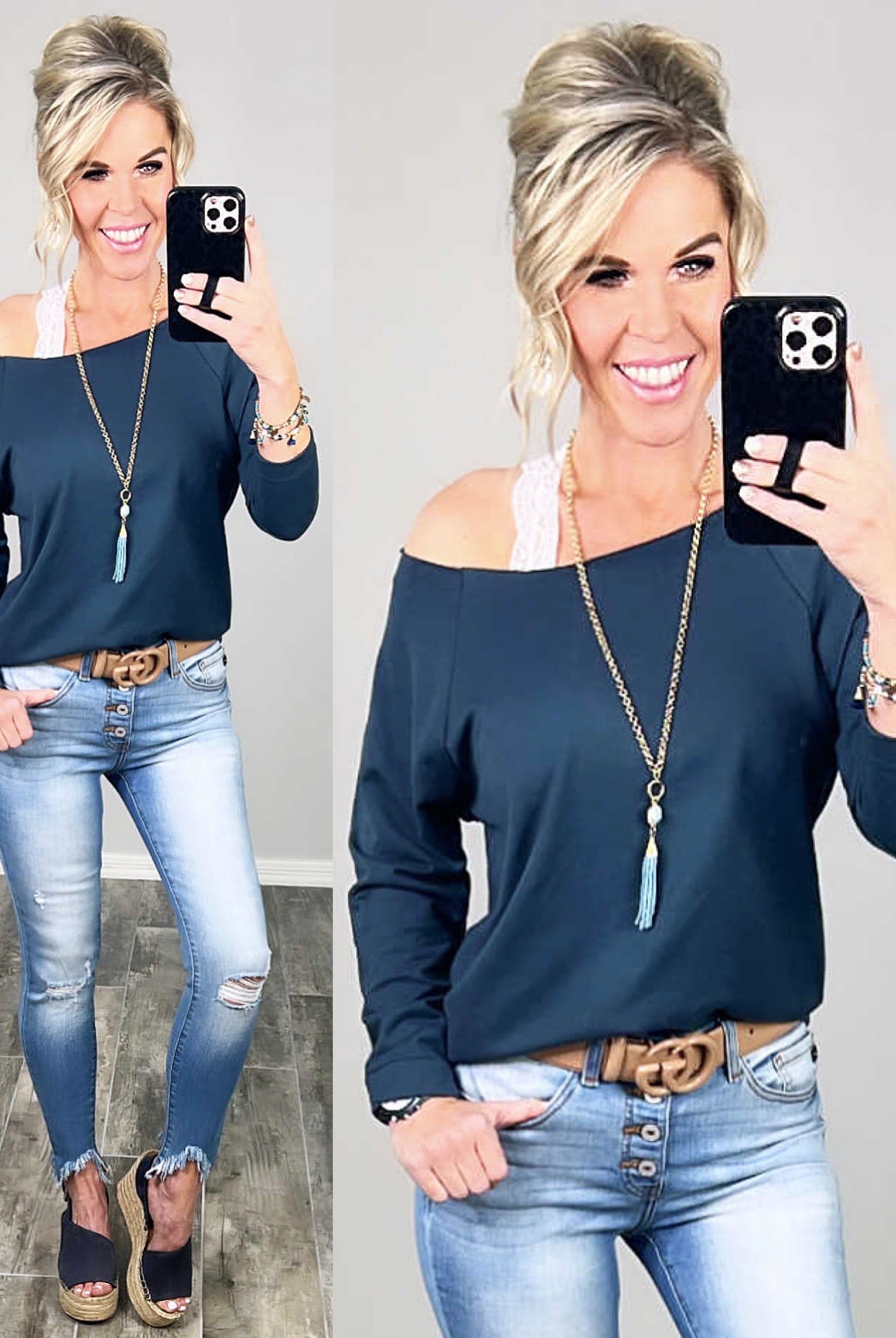 Raw Hem Off The Shoulder - Indigo-Top-privityboutique.com-Privity Boutique, Women’s Fashion Boutique in Mesa, Arizona