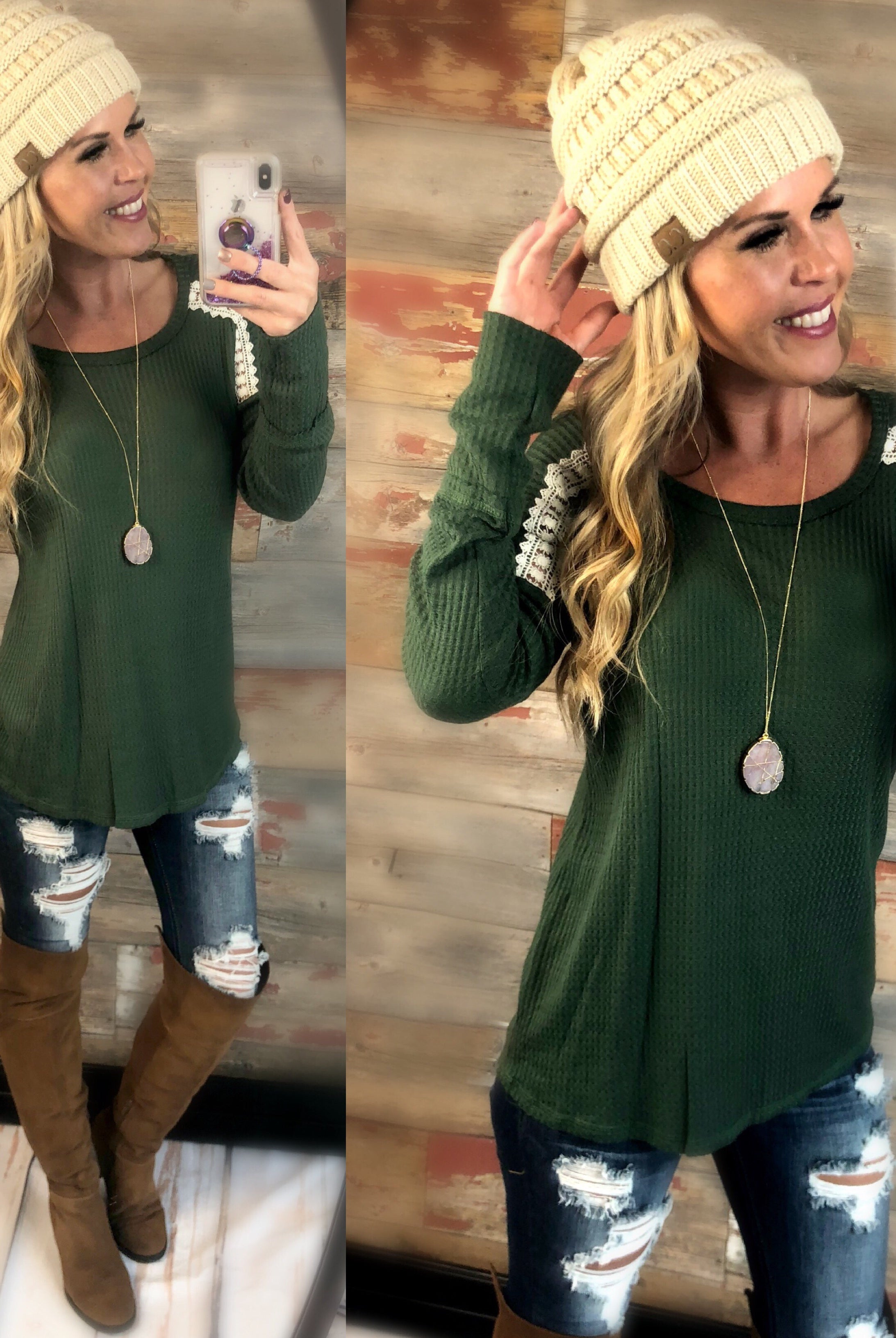 Warmer Days Waffle Top: Hunter Green-Top-privityboutique.com-Privity Boutique, Women’s Fashion Boutique in Mesa, Arizona