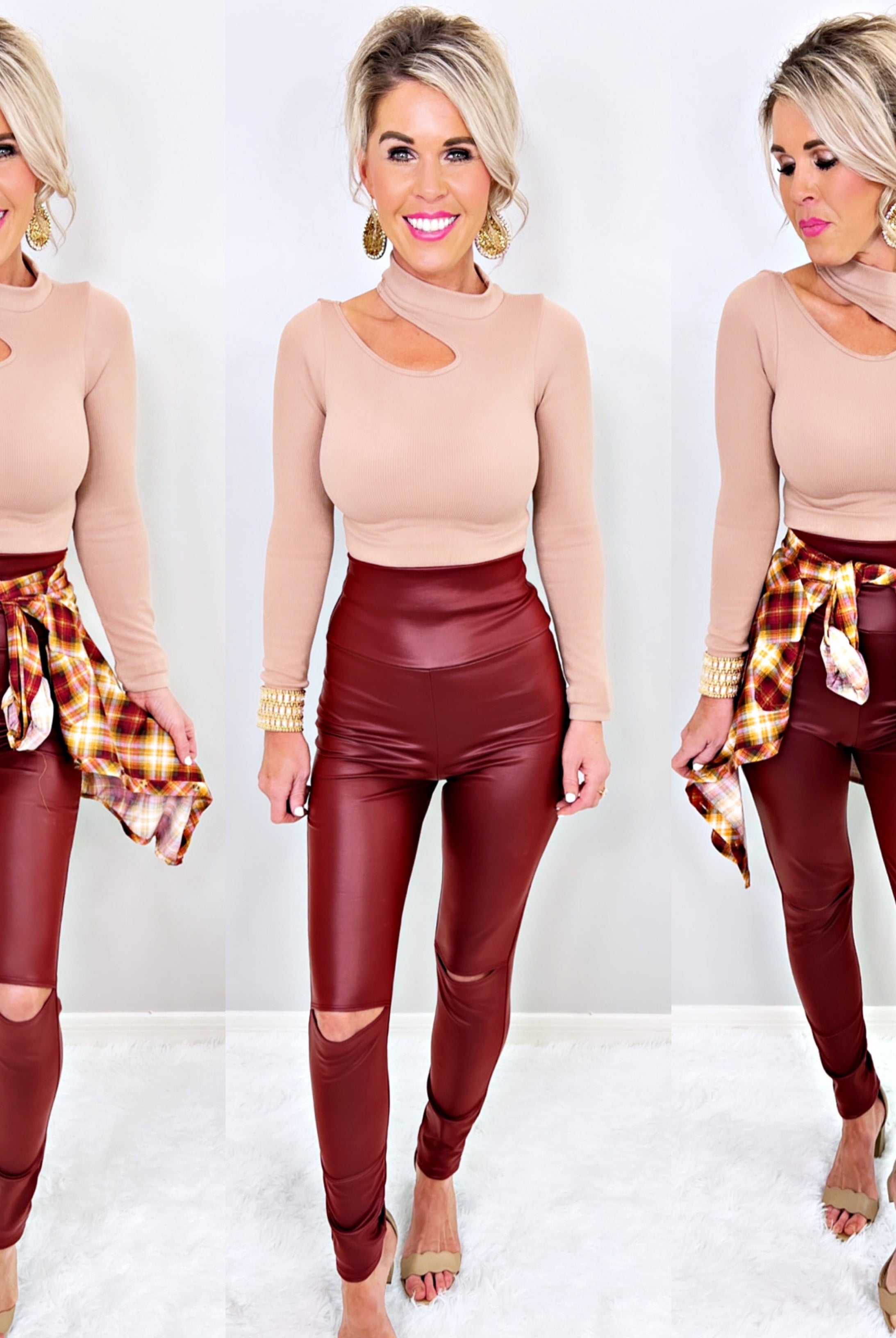 High Waisted Slit Faux Leather Leggings - Burgundy-Leggings-privityboutique-Privity Boutique, Women’s Fashion Boutique in Mesa, Arizona