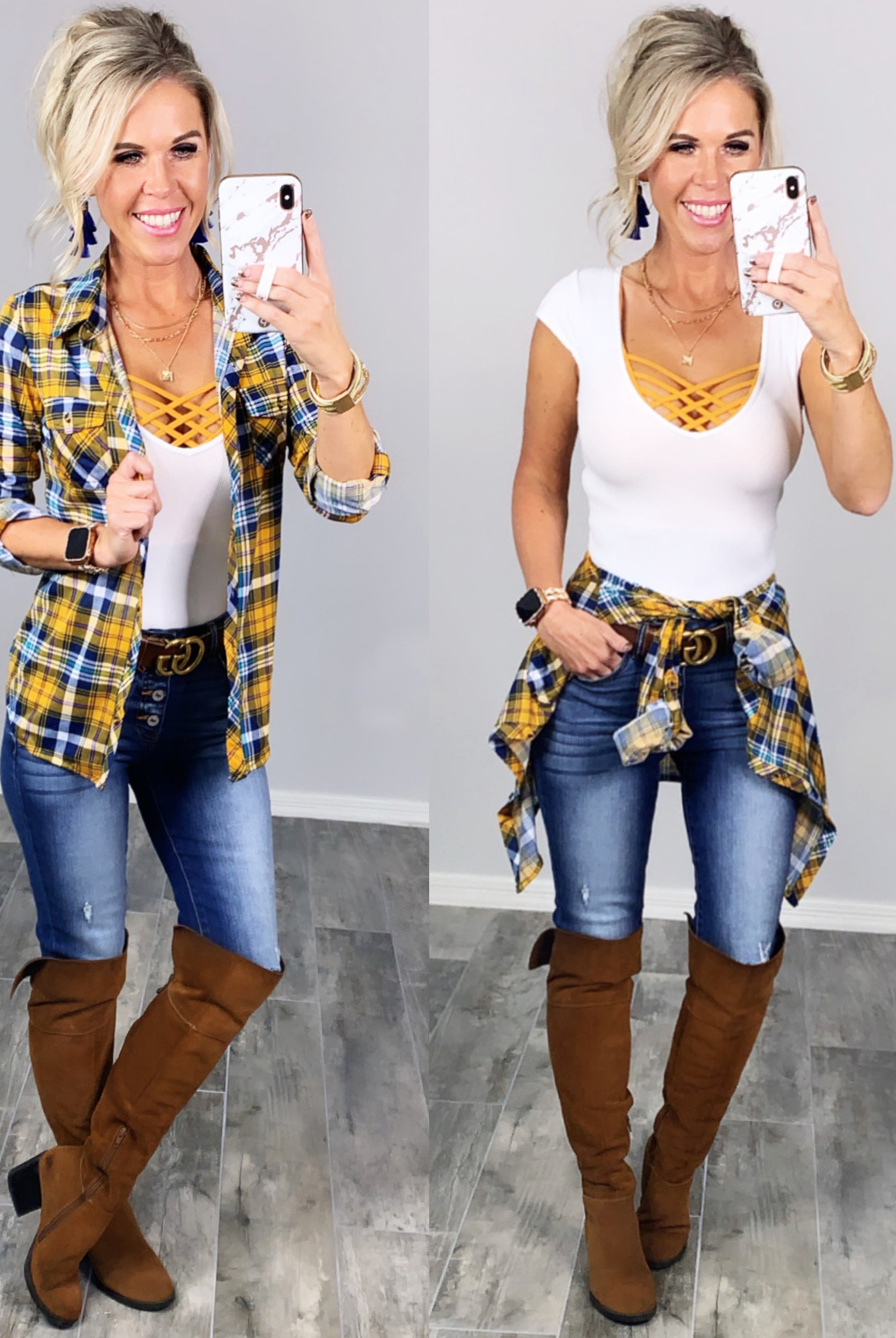 Penny Plaid Flannel Top - Mustard/Navy-flannel-privityboutique-Privity Boutique, Women’s Fashion Boutique in Mesa, Arizona