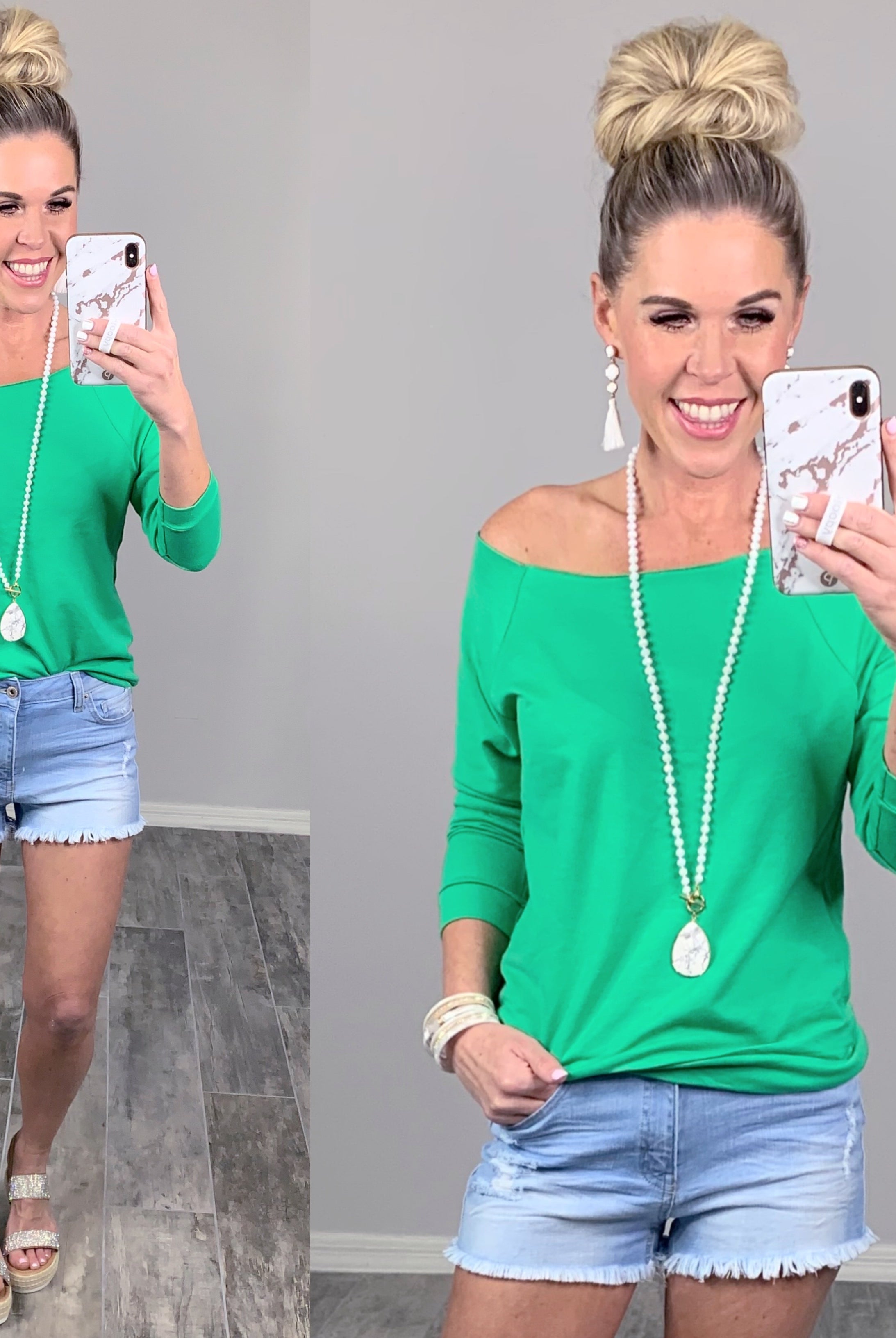 Raw Hem Off The Shoulder - Green-Top-privityboutique.com-Privity Boutique, Women’s Fashion Boutique in Mesa, Arizona