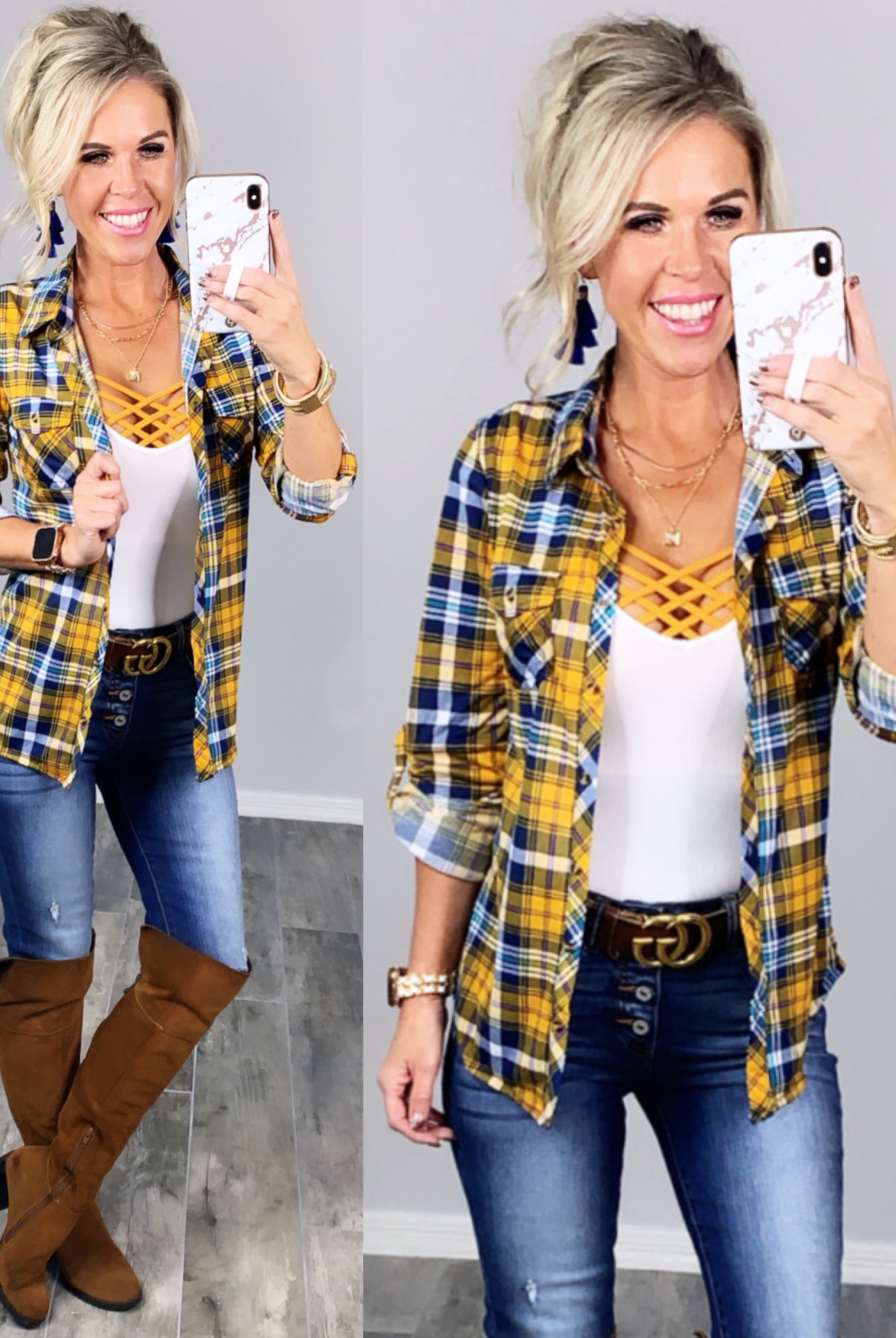 Penny Plaid Flannel Top - Mustard/Navy-flannel-privityboutique-Privity Boutique, Women’s Fashion Boutique in Mesa, Arizona