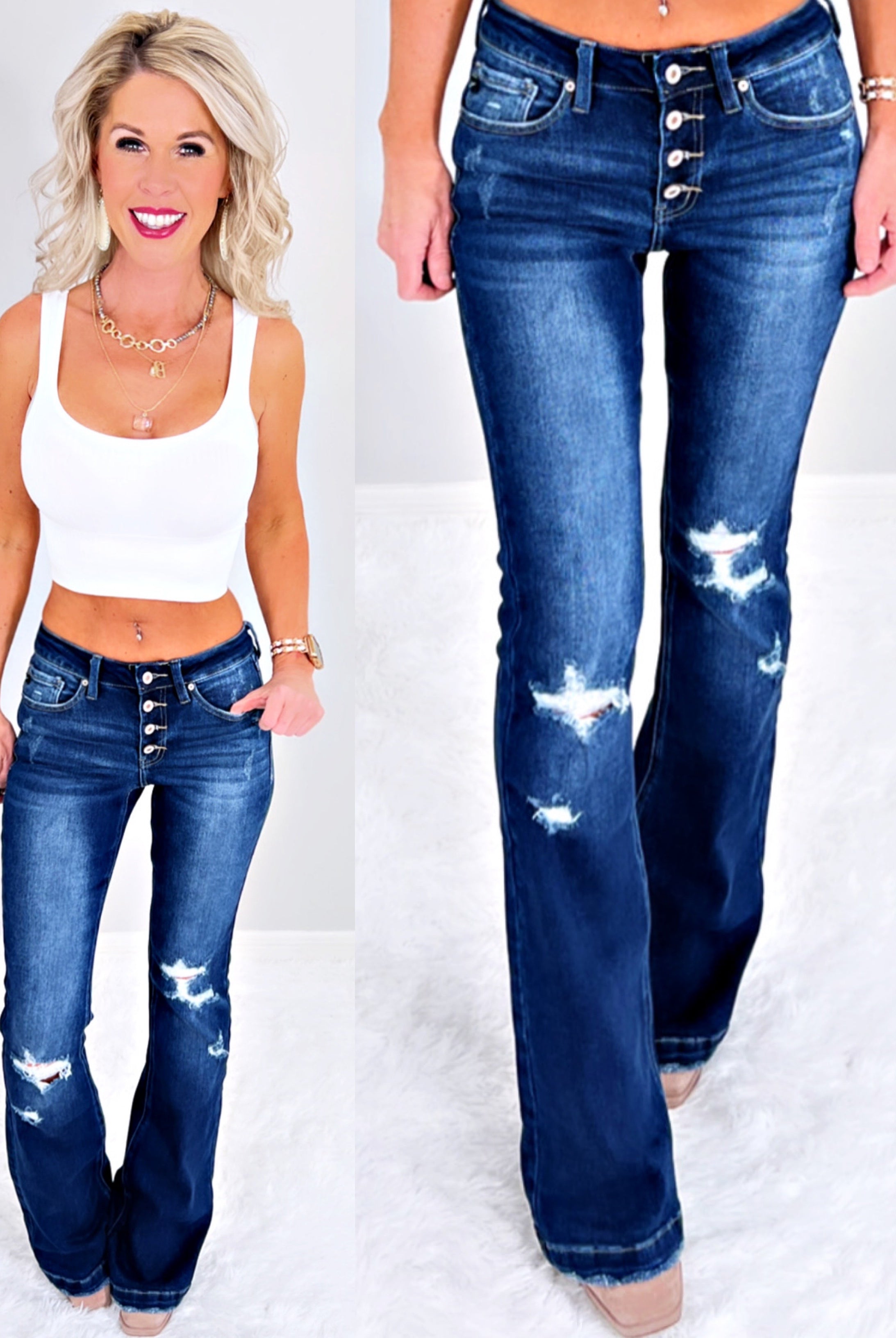 Talia Distressed Button Front Flare Jeans - Dark-jeans-privityboutique-Privity Boutique, Women’s Fashion Boutique in Mesa, Arizona