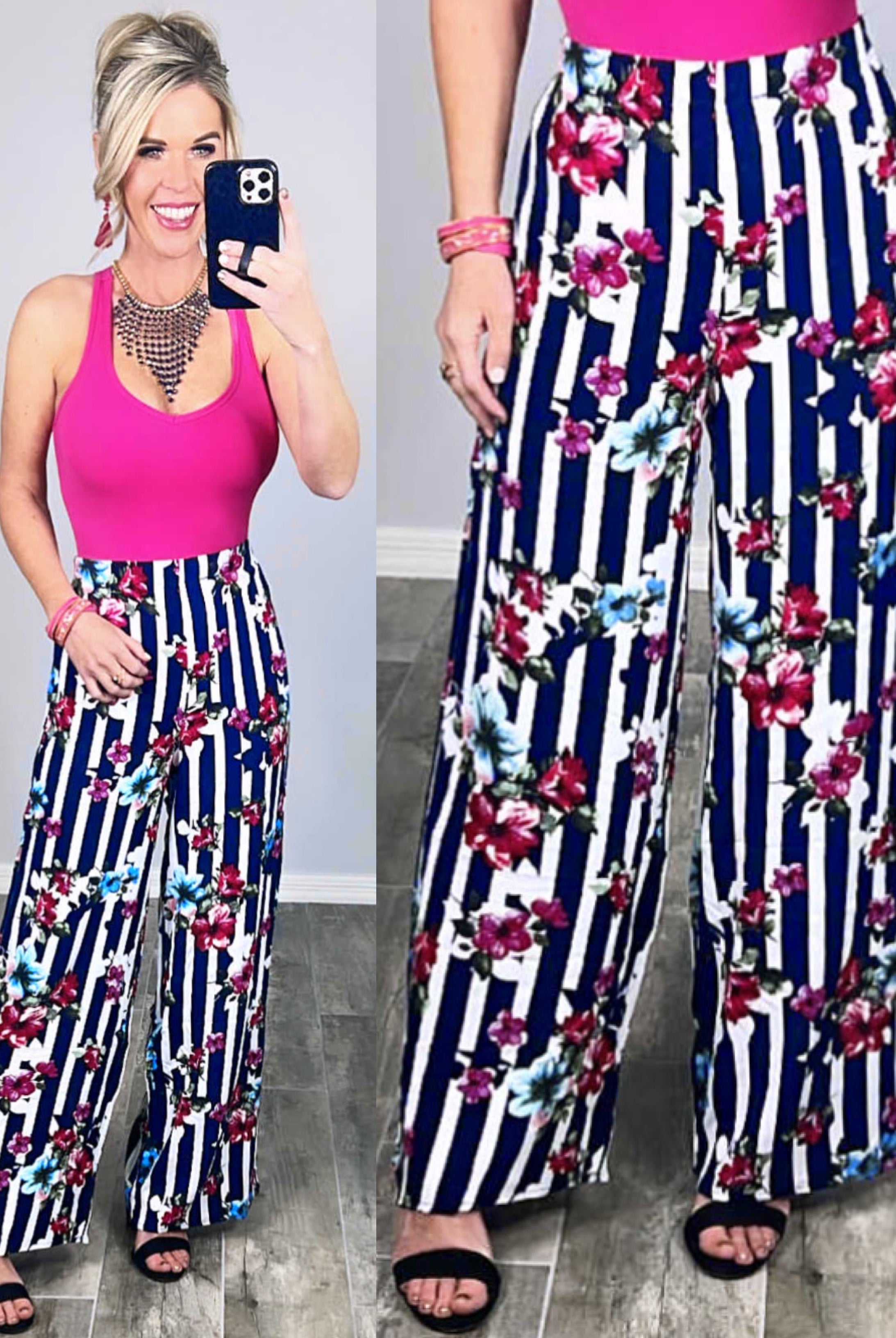 Striped with Floral Pants - Navy-palazzo-privityboutique.com-Privity Boutique, Women’s Fashion Boutique in Mesa, Arizona