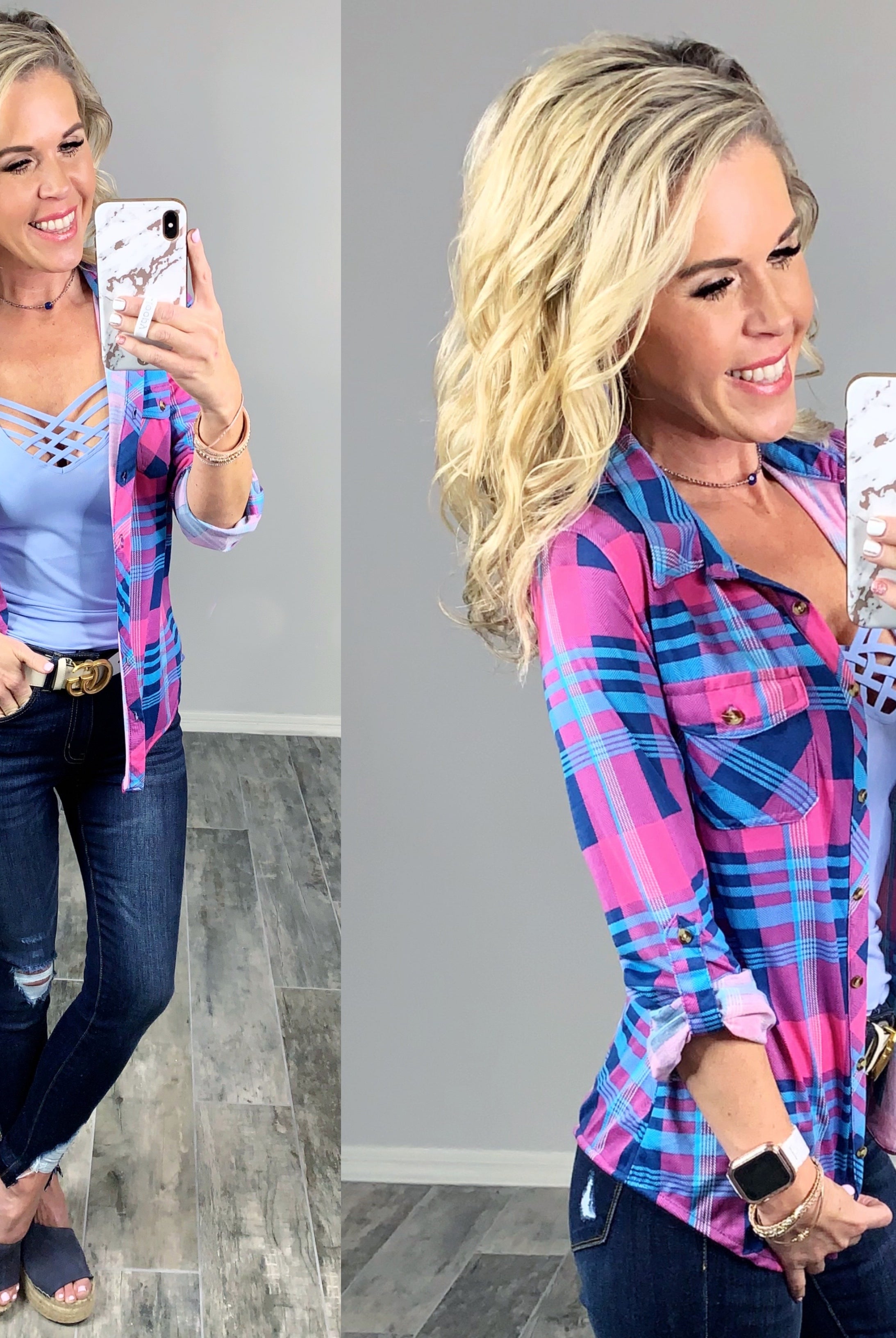 Penny Plaid Flannel Top -Pink/Blue-flannel-privityboutique-Privity Boutique, Women’s Fashion Boutique in Mesa, Arizona