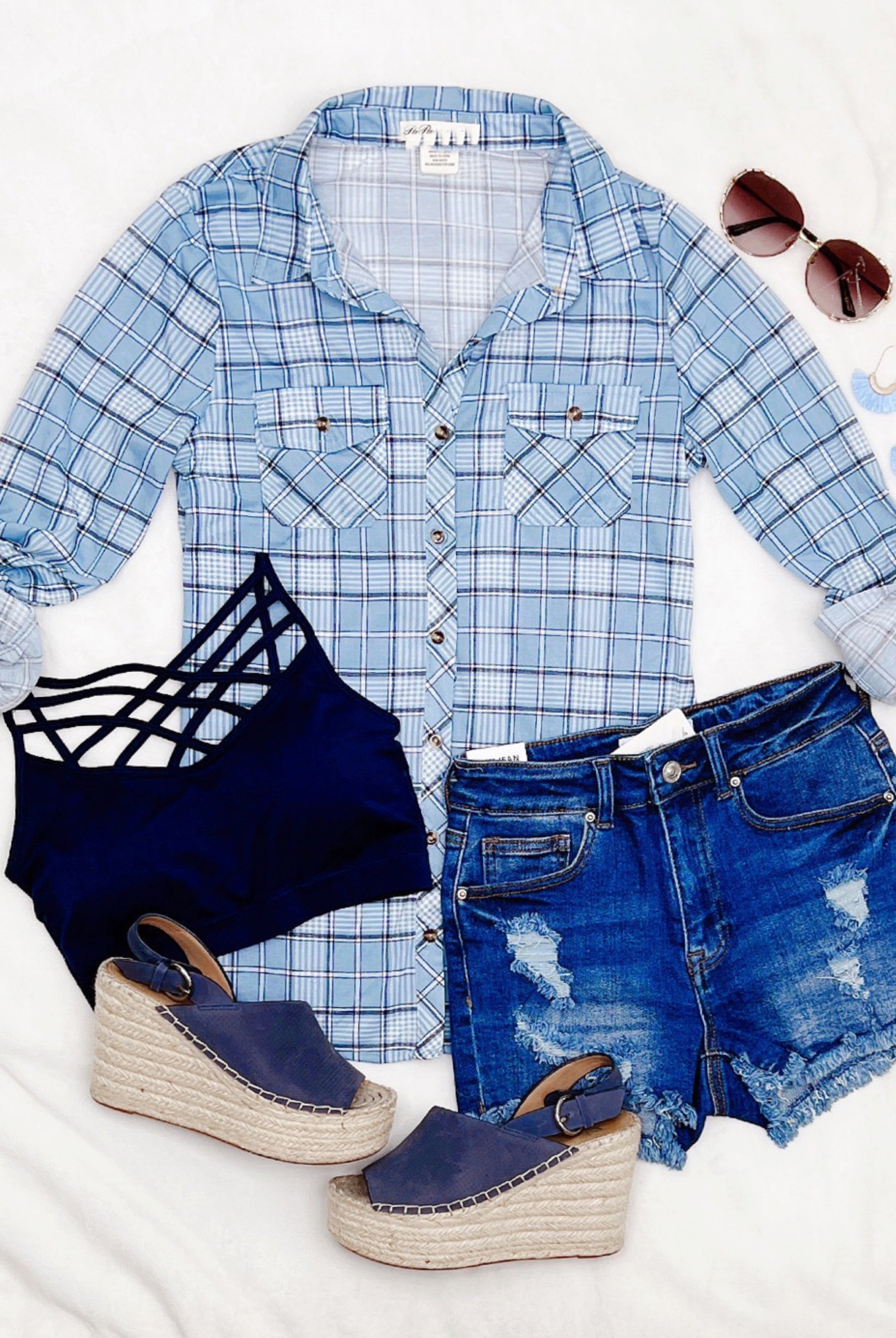 Penny Plaid Flannel Top - Denim/Ivory-flannel-privityboutique-Privity Boutique, Women’s Fashion Boutique in Mesa, Arizona