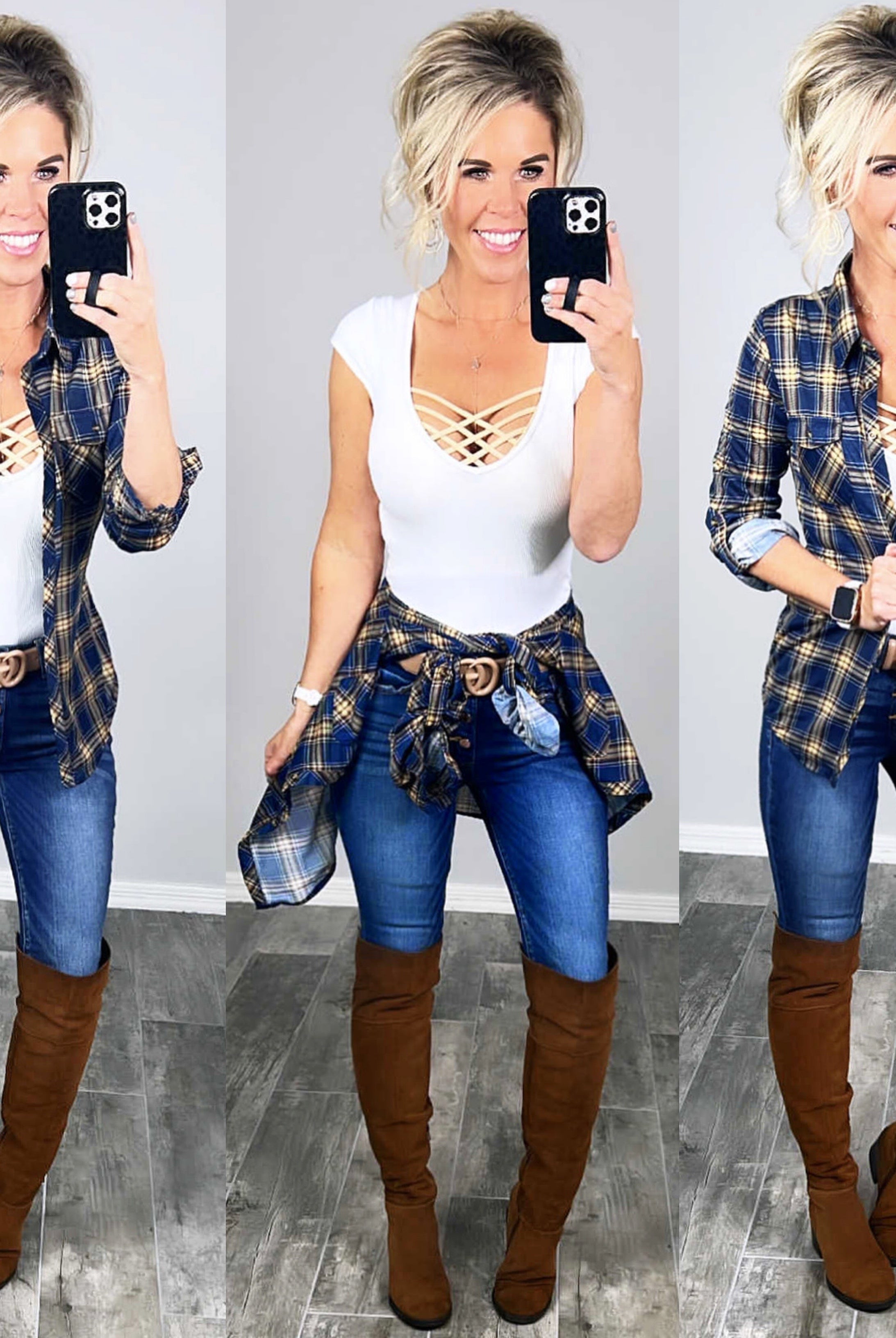 Penny Plaid Flannel Top - Navy/Tan-flannel-privityboutique-Privity Boutique, Women’s Fashion Boutique in Mesa, Arizona
