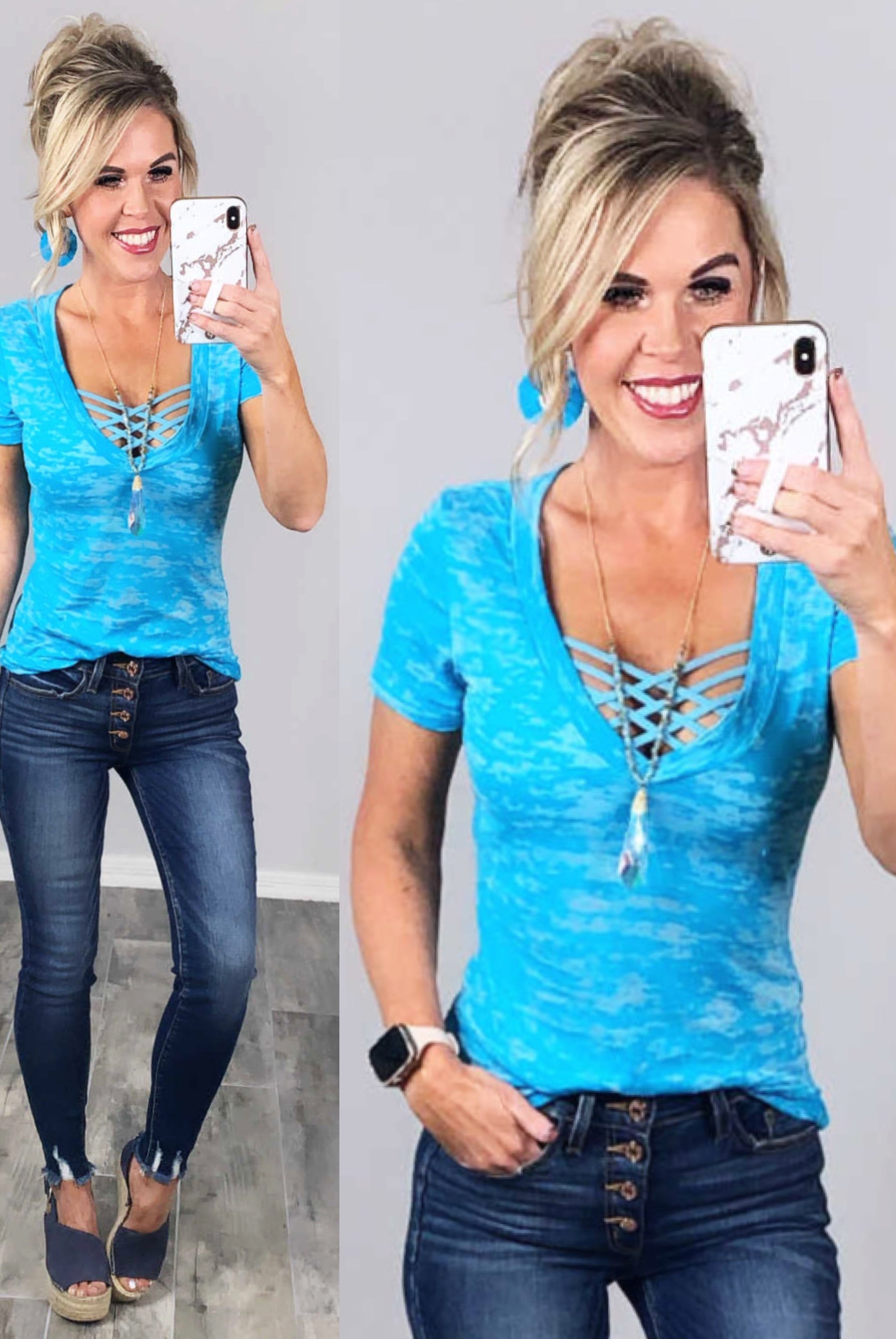 BASIC BURNOUT DEEP V-NECK TEE - SKY BLUE-Top-privityboutique.com-Privity Boutique, Women’s Fashion Boutique in Mesa, Arizona