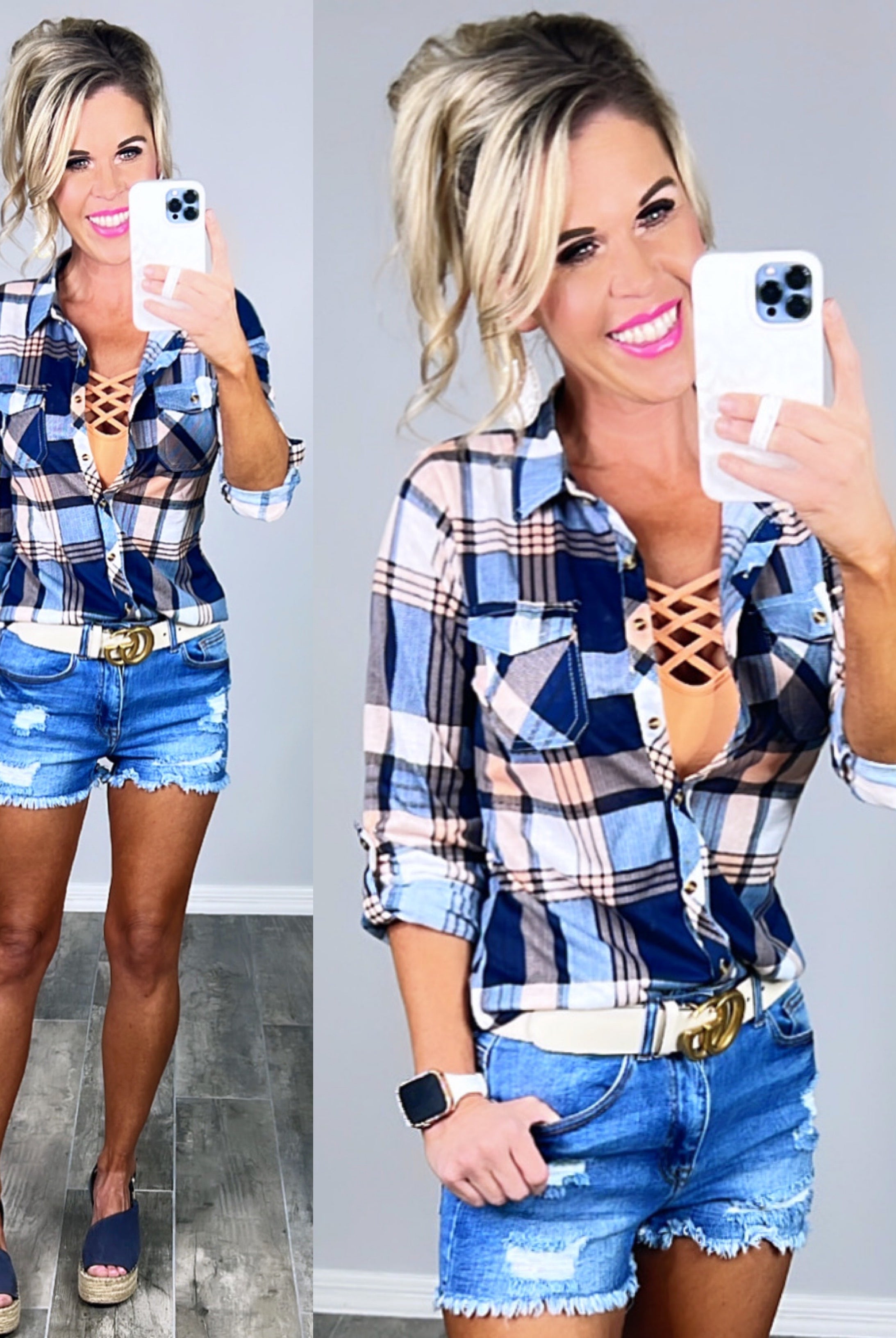 Penny Plaid Flannel Top: Peach-flannel-privityboutique-Privity Boutique, Women’s Fashion Boutique in Mesa, Arizona