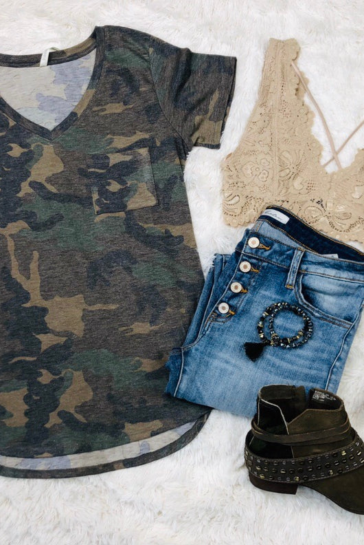Casual in Camo Top: Olive-Top-privityboutique.com-Privity Boutique, Women’s Fashion Boutique in Mesa, Arizona