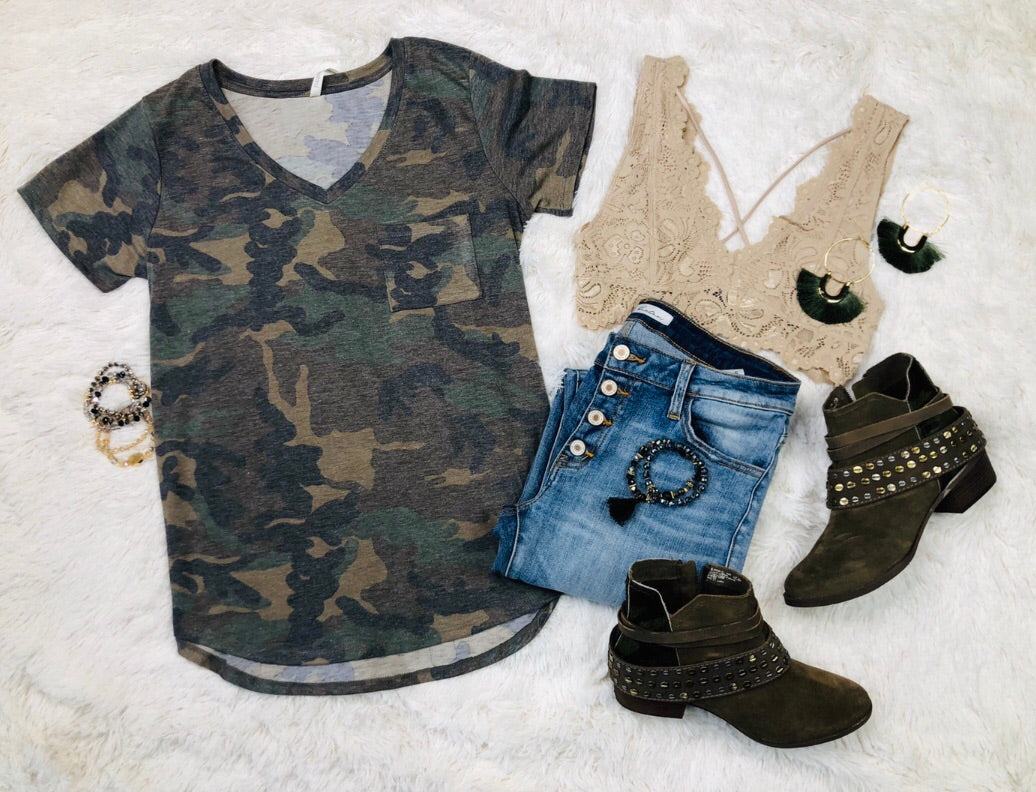 Casual in Camo Top: Olive-Top-privityboutique.com-Privity Boutique, Women’s Fashion Boutique in Mesa, Arizona