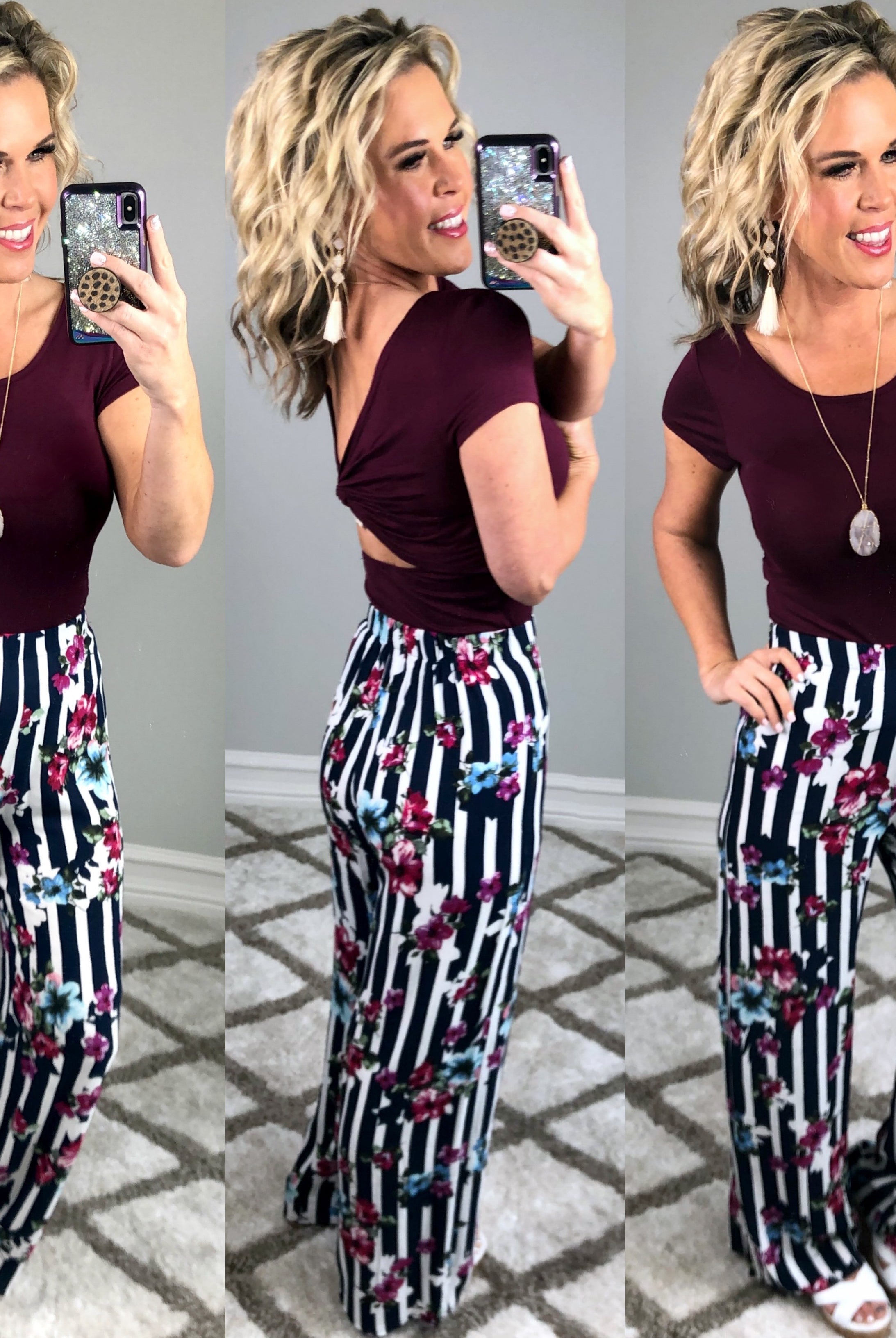 Striped with Floral Pants - Navy-palazzo-privityboutique.com-Privity Boutique, Women’s Fashion Boutique in Mesa, Arizona