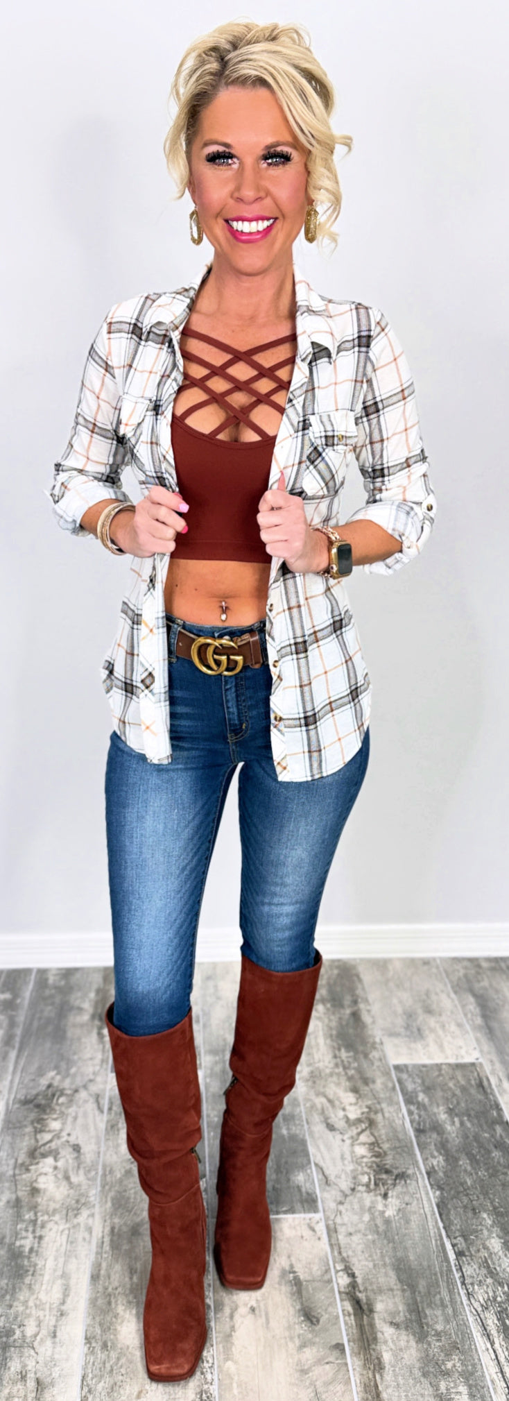 Penny Plaid Flannel Top - Ivory/Rust-flannel-privityboutique-Privity Boutique, Women’s Fashion Boutique in Mesa, Arizona