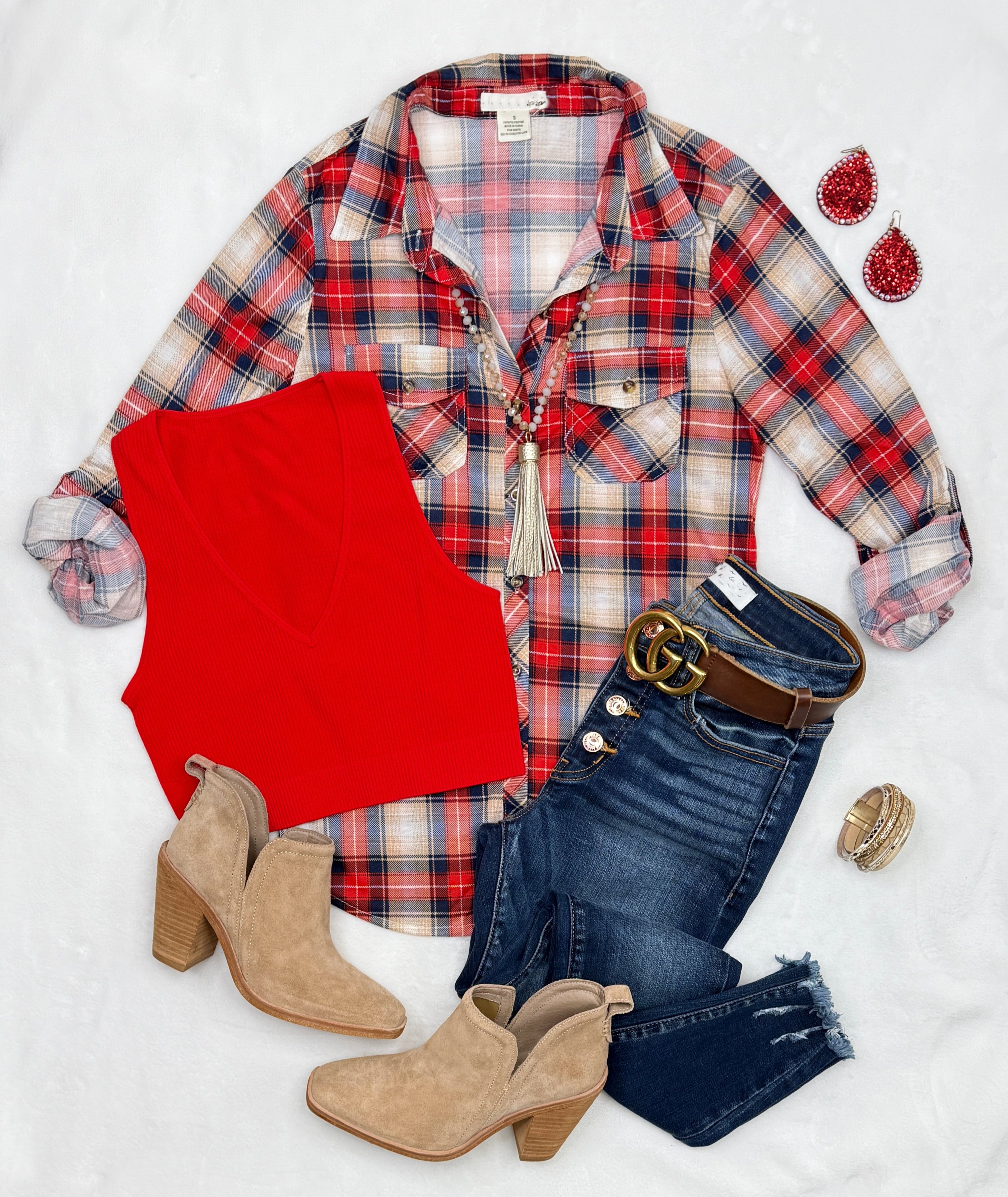 Penny Plaid Flannel Top - Red/Navy/Taupe-flannel-privityboutique-Privity Boutique, Women’s Fashion Boutique in Mesa, Arizona