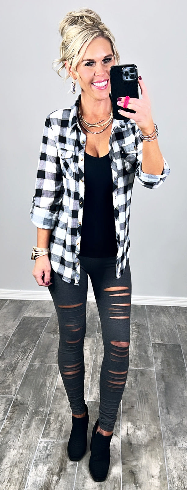 Penny Plaid Flannel Top - Black/White/Grey-flannel-privityboutique-Privity Boutique, Women’s Fashion Boutique in Mesa, Arizona