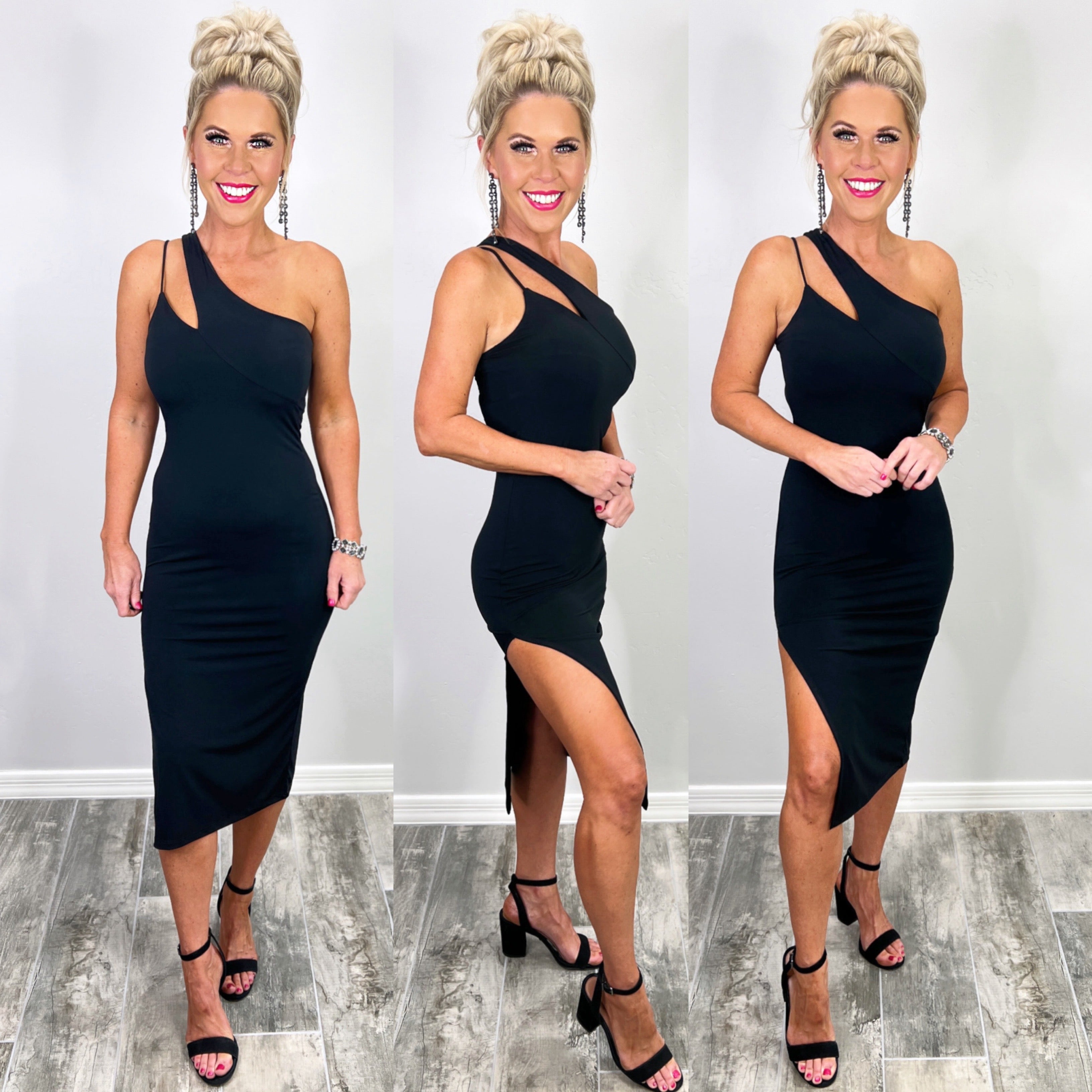 One Shoulder Slit Dress - Black-Dress-privityboutique.com-Privity Boutique, Women’s Fashion Boutique in Mesa, Arizona