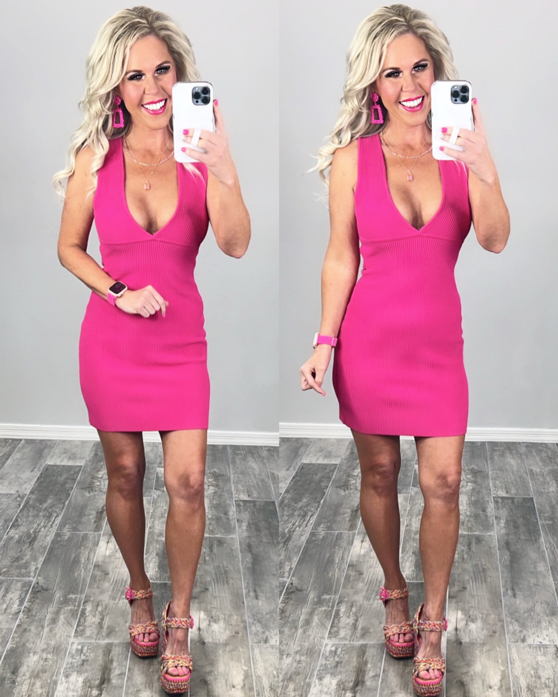 Don't Deny Me Ribbed Deep V Pink Dress