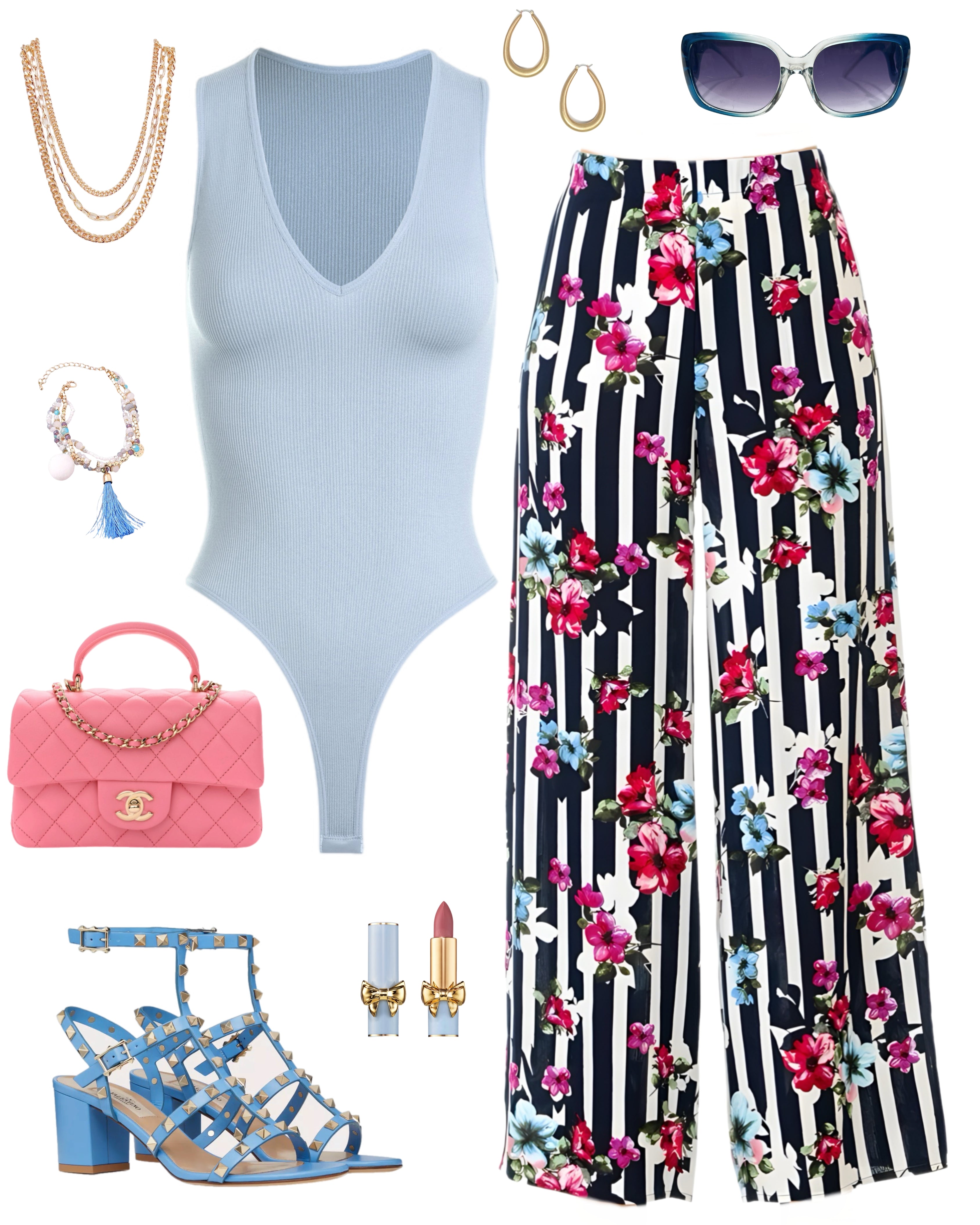 Striped with Floral Pants - Navy-palazzo-privityboutique.com-Privity Boutique, Women’s Fashion Boutique in Mesa, Arizona