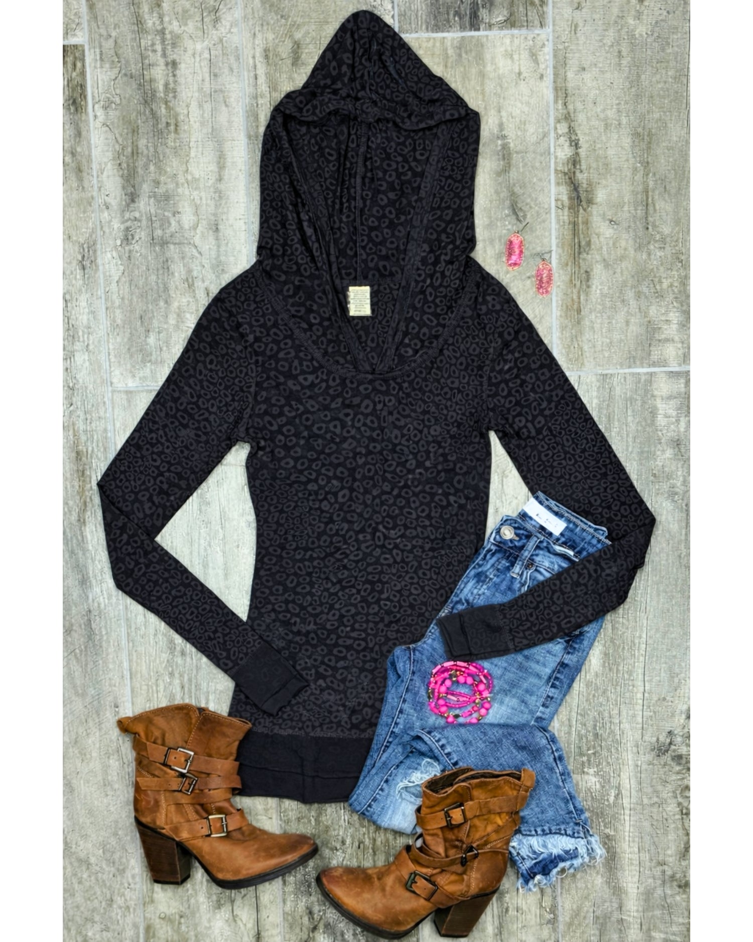 Leopard Burnout Hoodie Top - Black-Top-privityboutique.com-Privity Boutique, Women’s Fashion Boutique in Mesa, Arizona