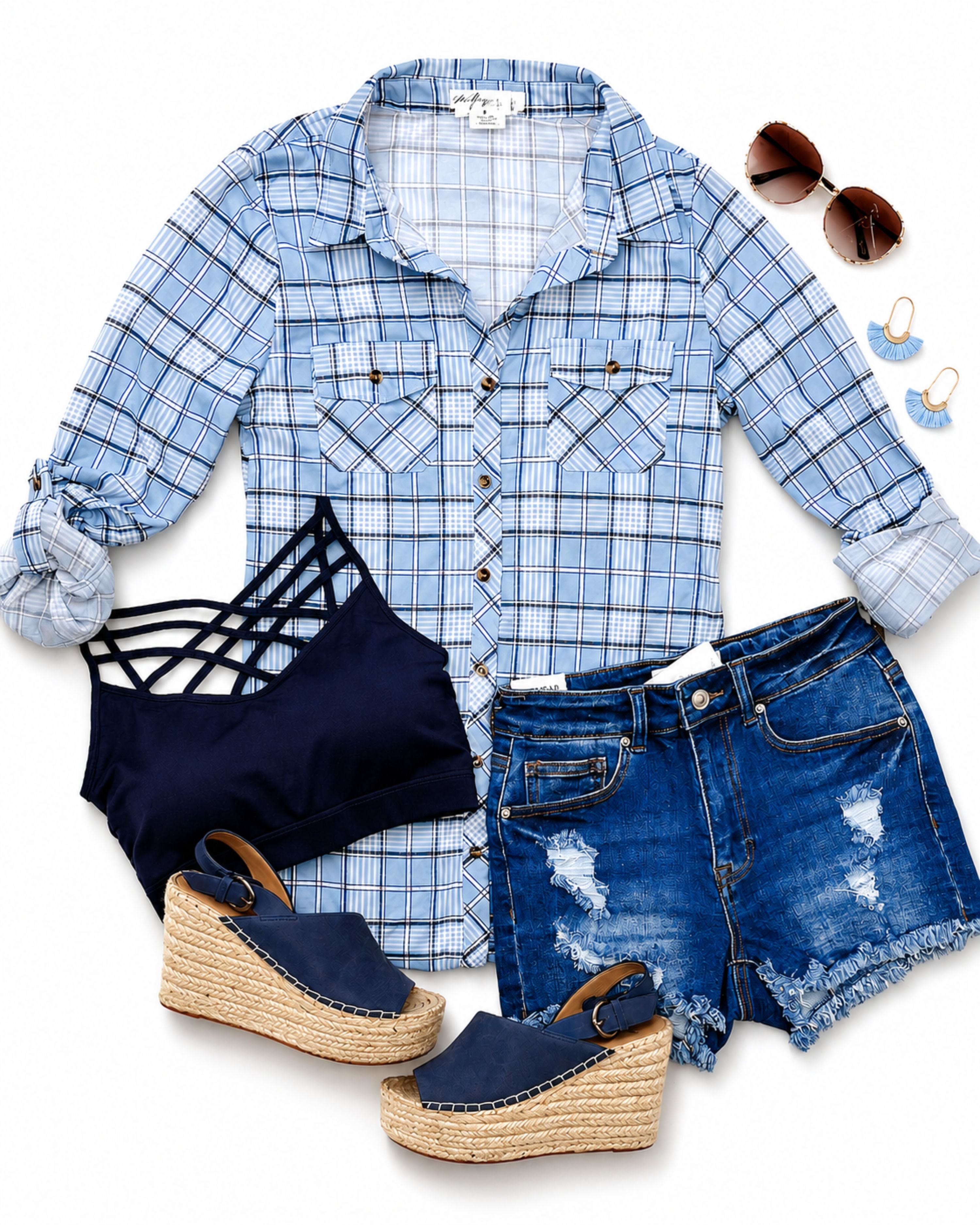 Penny Plaid Flannel Top - Denim/Ivory-flannel-privityboutique-Privity Boutique, Women’s Fashion Boutique in Mesa, Arizona