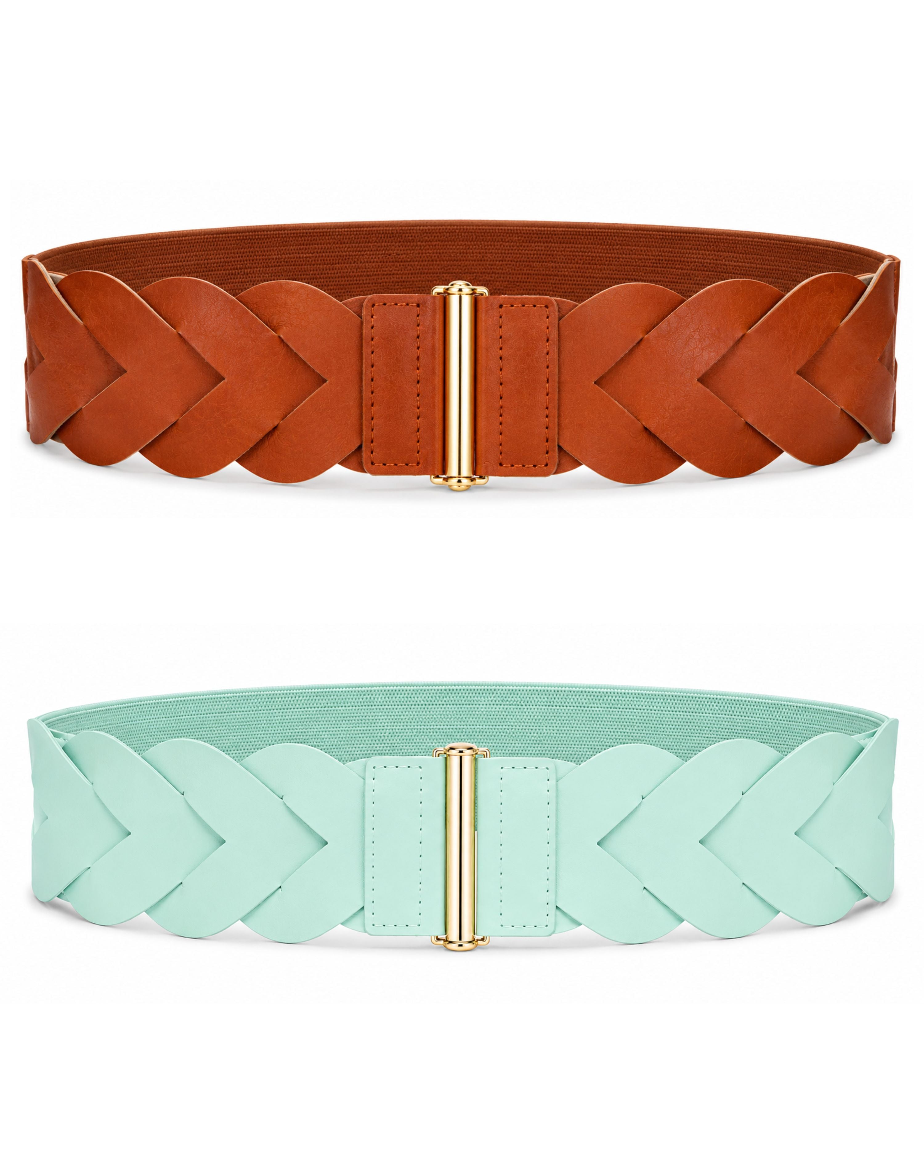 Mint, green and camel woven stretch belts with gold tone buckles