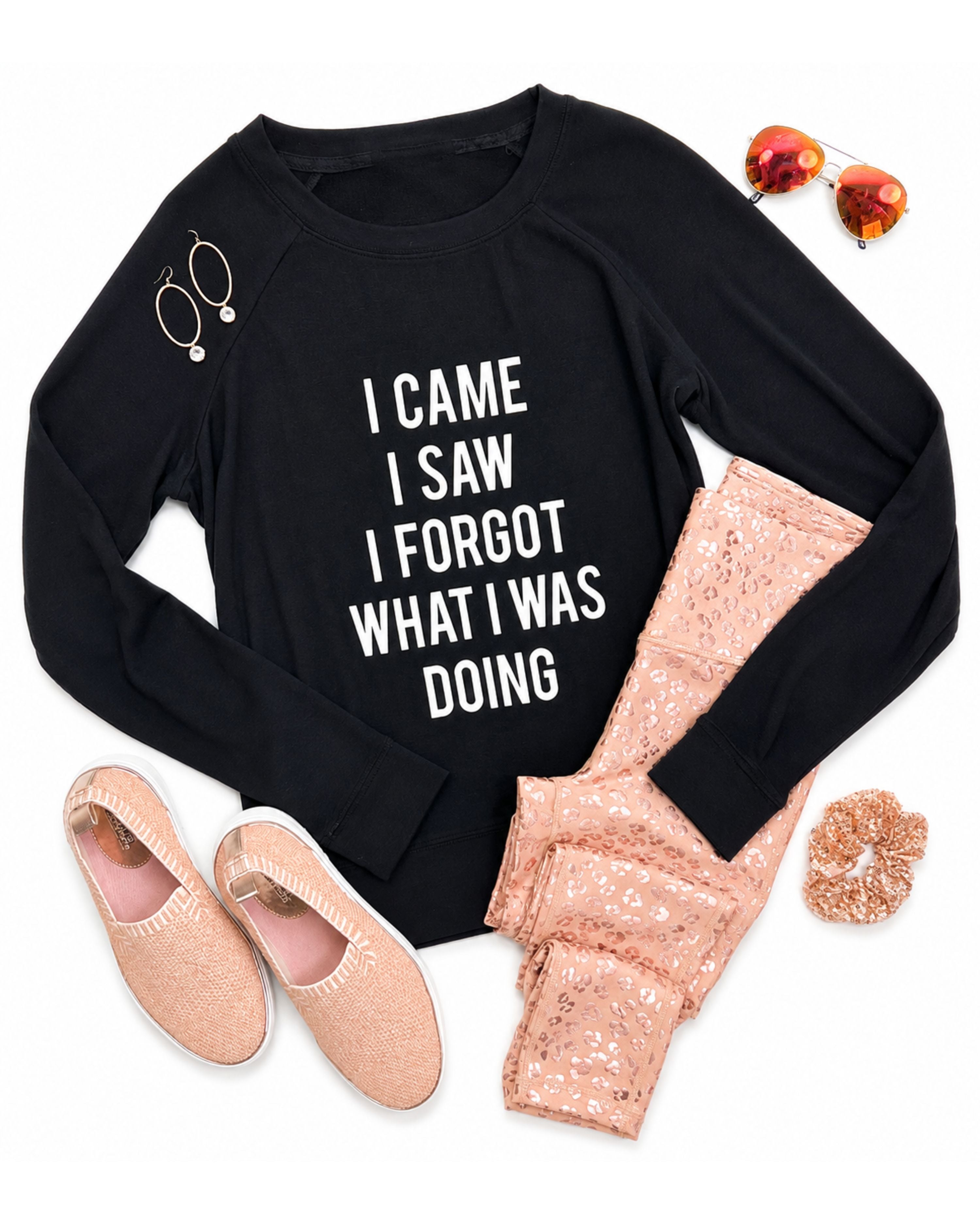 I came I thought I forgot what I was doing graphic tea with leggings, Sonny's tennis shoes, and a scrunchie