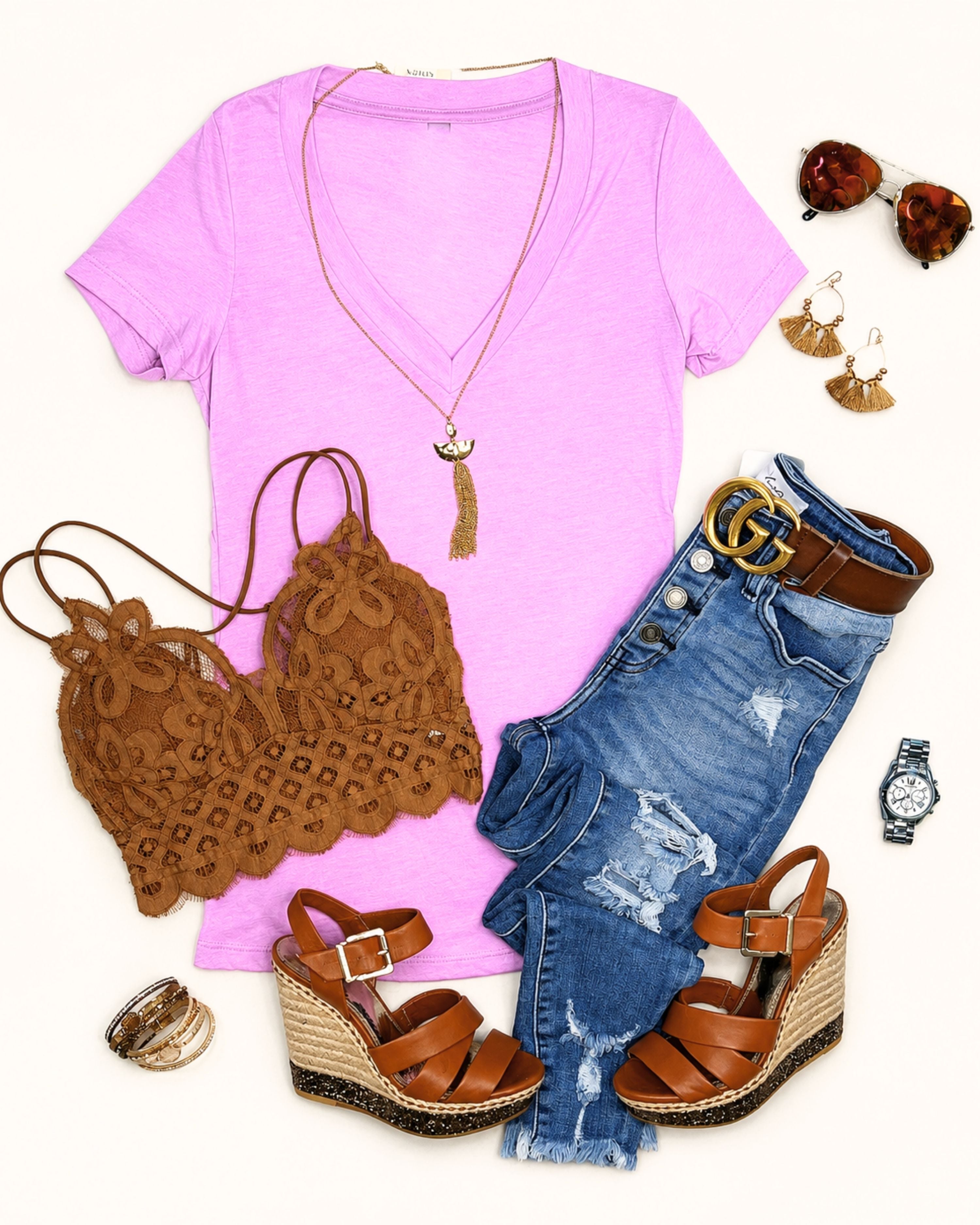 BASIC SHORT SLEEVE DEEP V TEE - LILAC-Top-privityboutique.com-Privity Boutique, Women’s Fashion Boutique in Mesa, Arizona