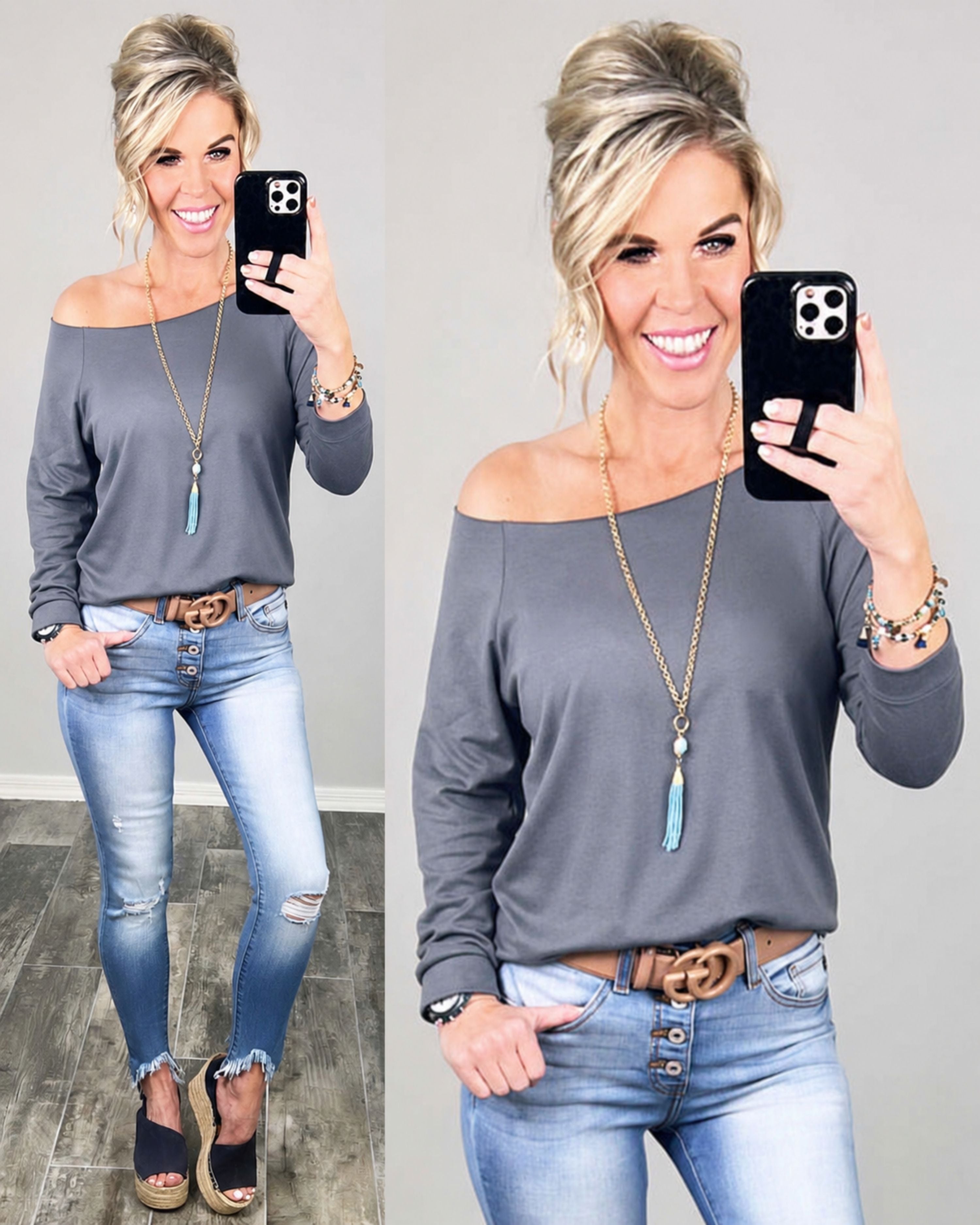 Raw Hem Off The Shoulder - Dk Grey-Top-privityboutique.com-Privity Boutique, Women’s Fashion Boutique in Mesa, Arizona