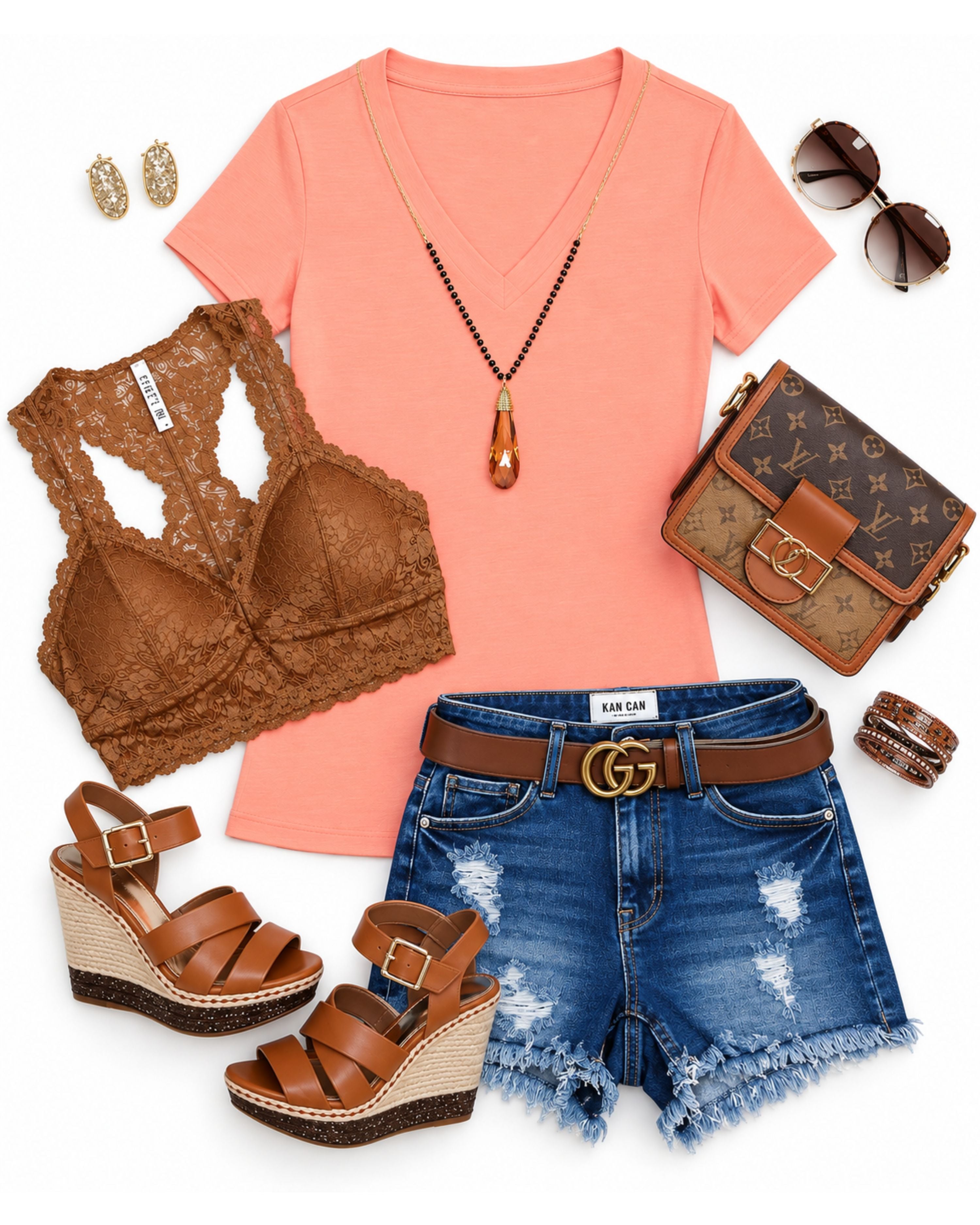 Deep PT with lace brawl, denim shorts, wedges, Sunnie cute bracelet, and gold earrings