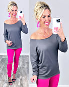 Raw Hem Off The Shoulder - Dk Grey-Top-privityboutique.com-Privity Boutique, Women’s Fashion Boutique in Mesa, Arizona