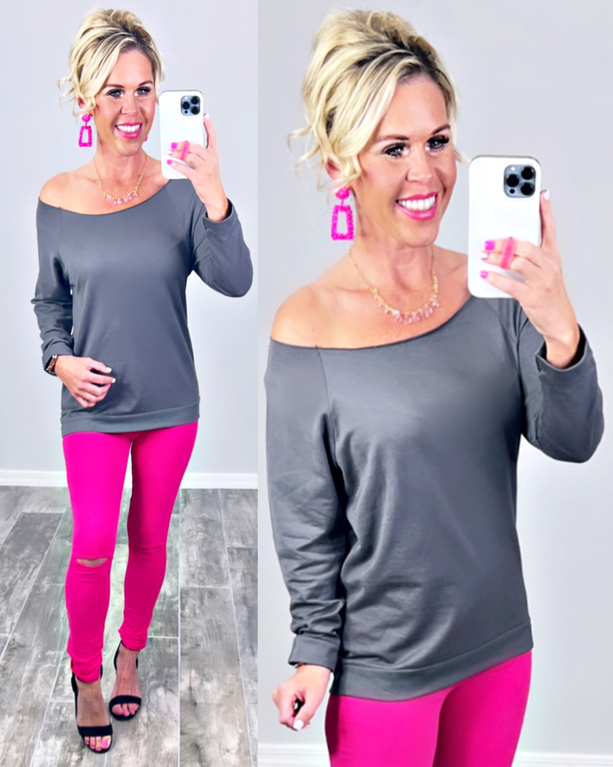 Raw Hem Off The Shoulder - Dk Grey-Top-privityboutique.com-Privity Boutique, Women’s Fashion Boutique in Mesa, Arizona